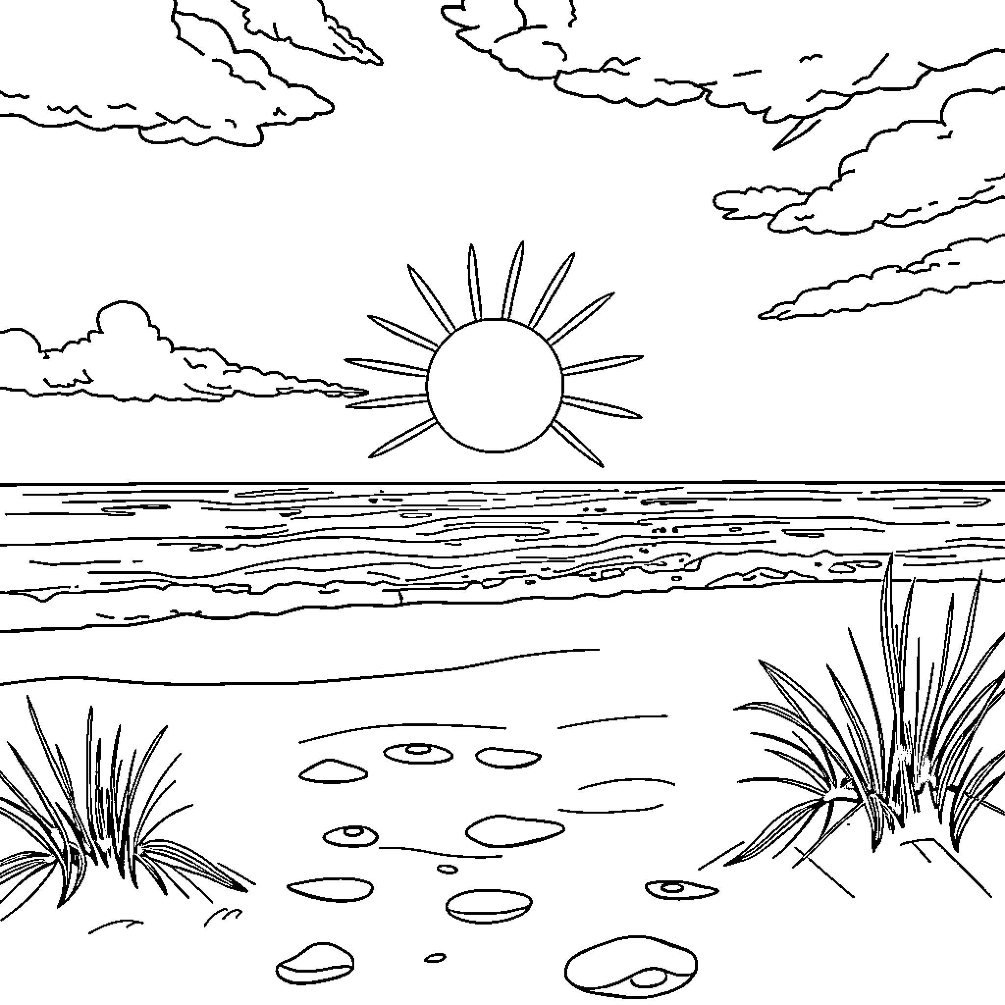 Gold coastal landscape with sun and clouds Coloring Page (free black-and-white line drawing printable PDF for all, from beginners to advanced learners, including children, teens, adults, and seniors)