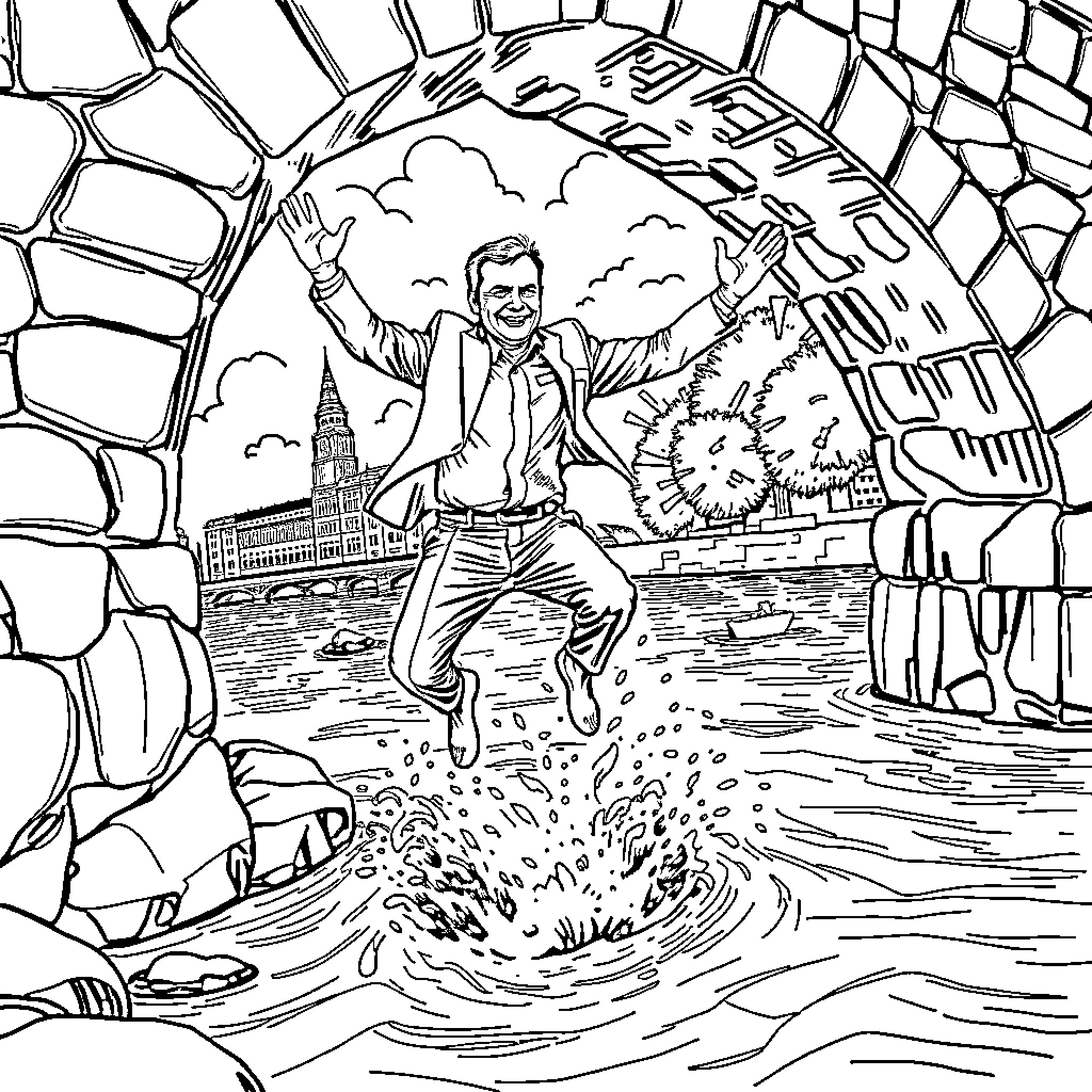 Orbán Viktor celebrating in the rain Coloring Page (free black-and-white line drawing printable PDF for all, from beginners to advanced learners, including children, teens, adults, and seniors)