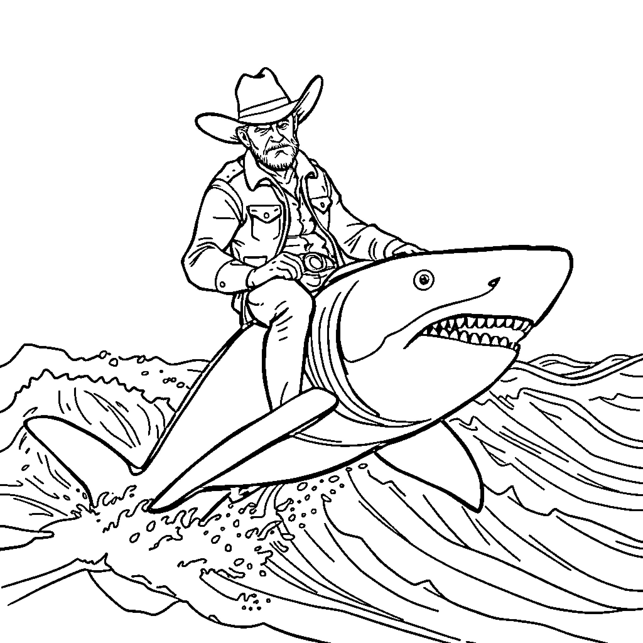 Cowboy riding a ferocious shark in the ocean Coloring Page (free black-and-white line drawing printable PDF for all, from beginners to advanced learners, including children, teens, adults, and seniors)