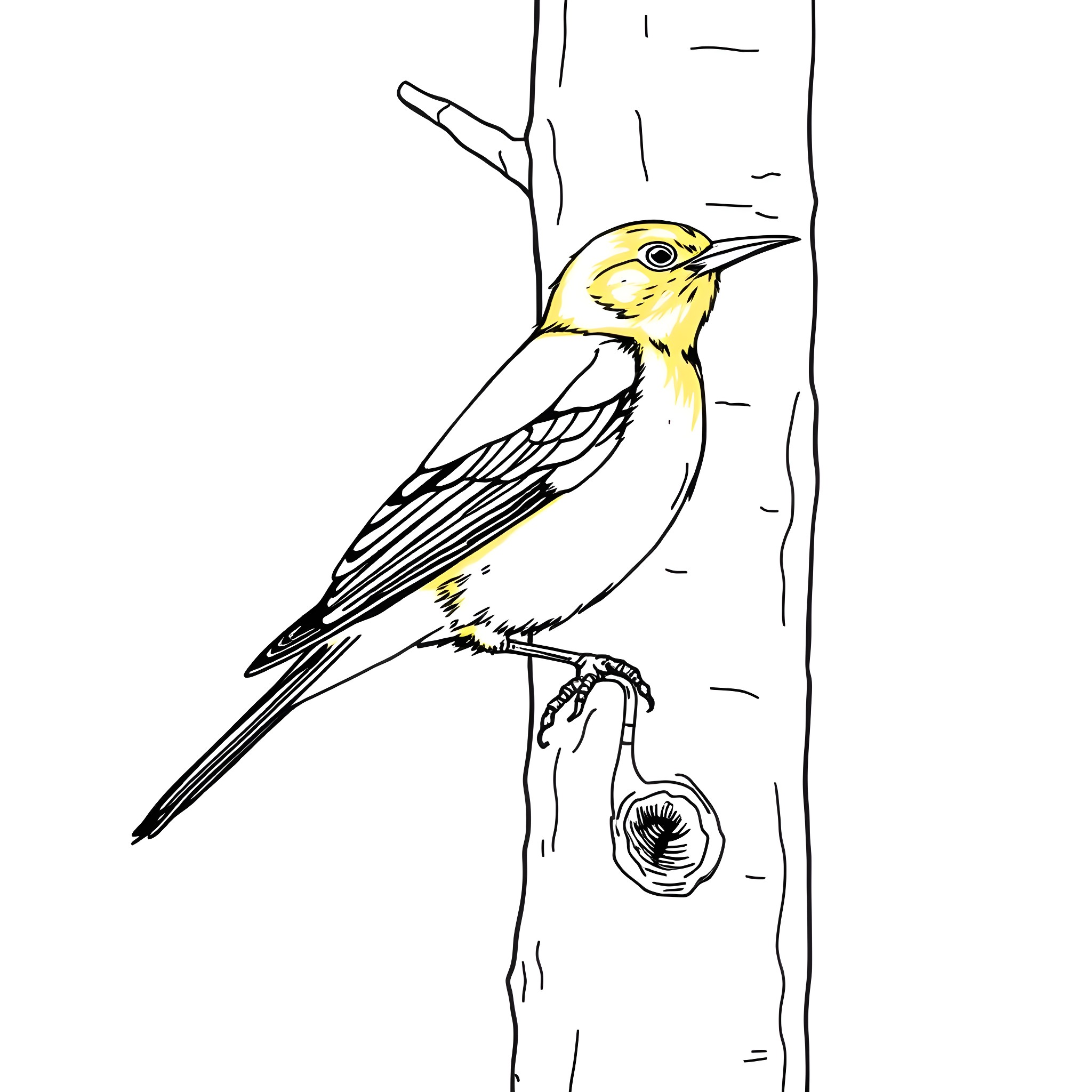 Oriole perched on tree branch Coloring Page (free black-and-white line drawing printable PDF for all, from beginners to advanced learners, including children, teens, adults, and seniors)
