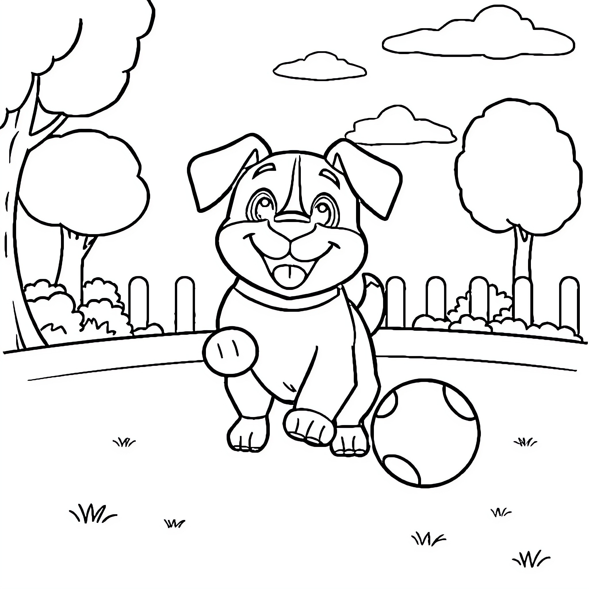 Dog enjoying a sunny day in the park Coloring Page (free black-and-white line drawing printable PDF for all, from beginners to advanced learners, including children, teens, adults, and seniors)