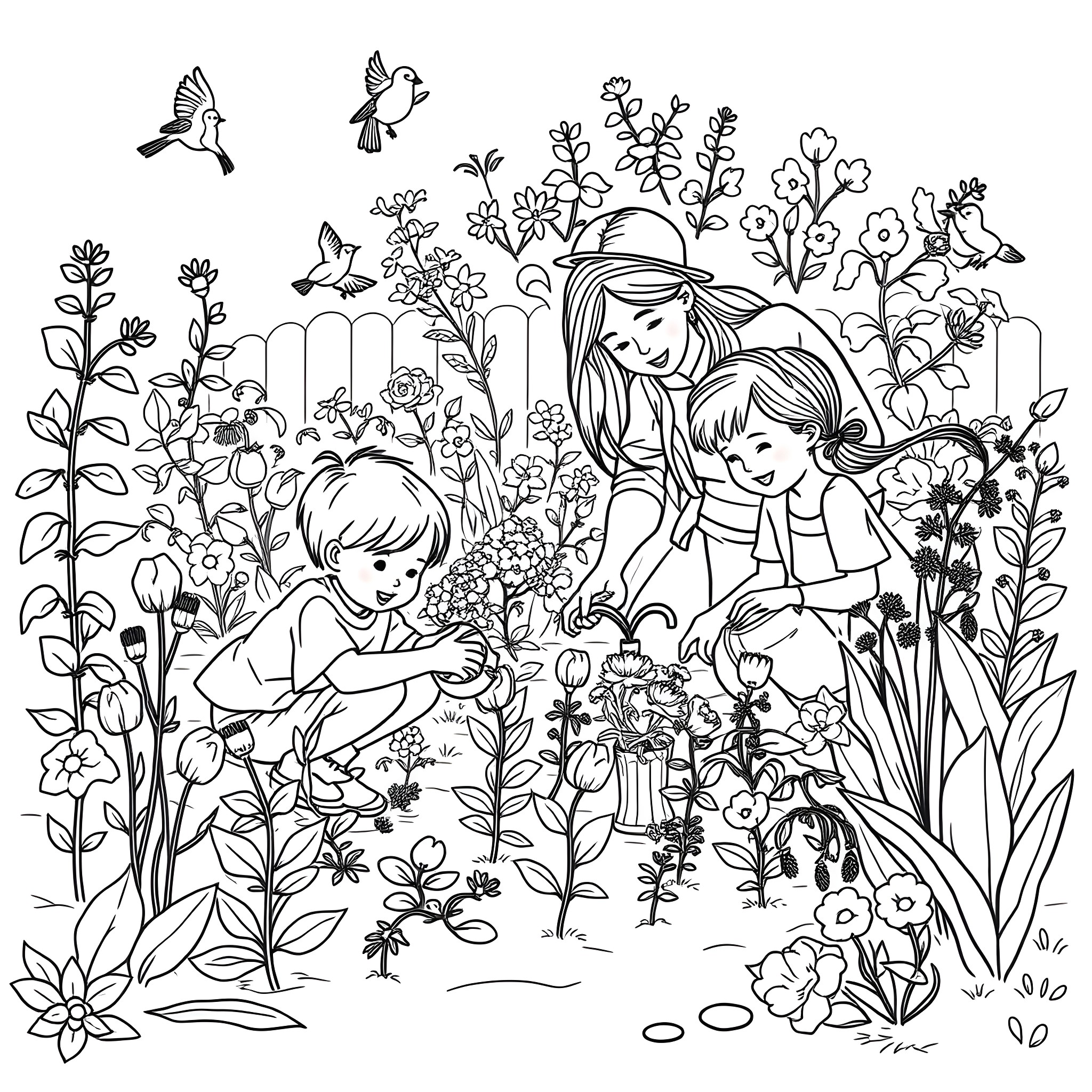 Family Enjoying a Picnic in a Lush Garden Coloring Page (free black-and-white line drawing printable PDF for all, from beginners to advanced learners, including children, teens, adults, and seniors)