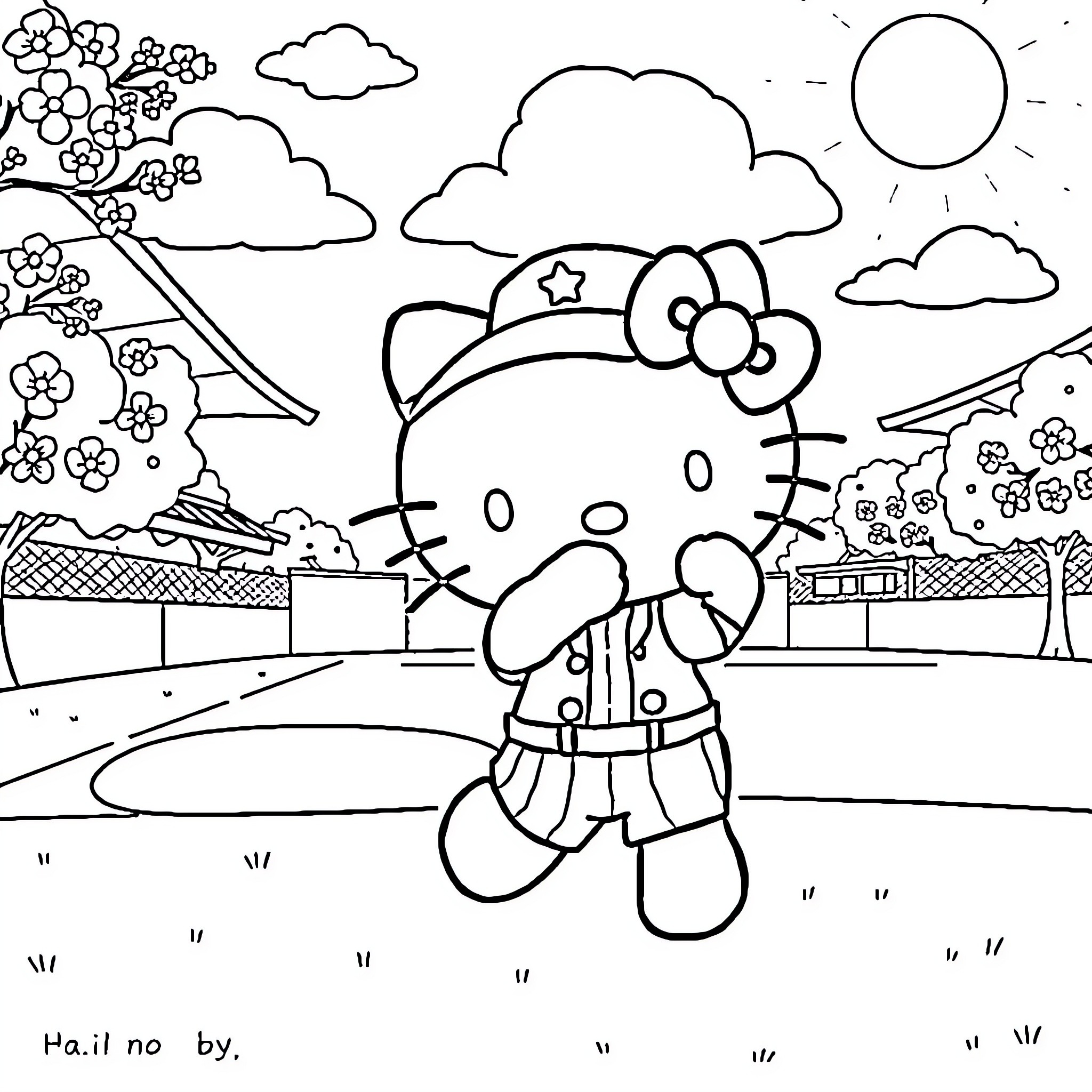 Hello Kitty in Uniform Enjoying the Outdoors Coloring Page (free black-and-white line drawing printable PDF for all, from beginners to advanced learners, including children, teens, adults, and seniors)