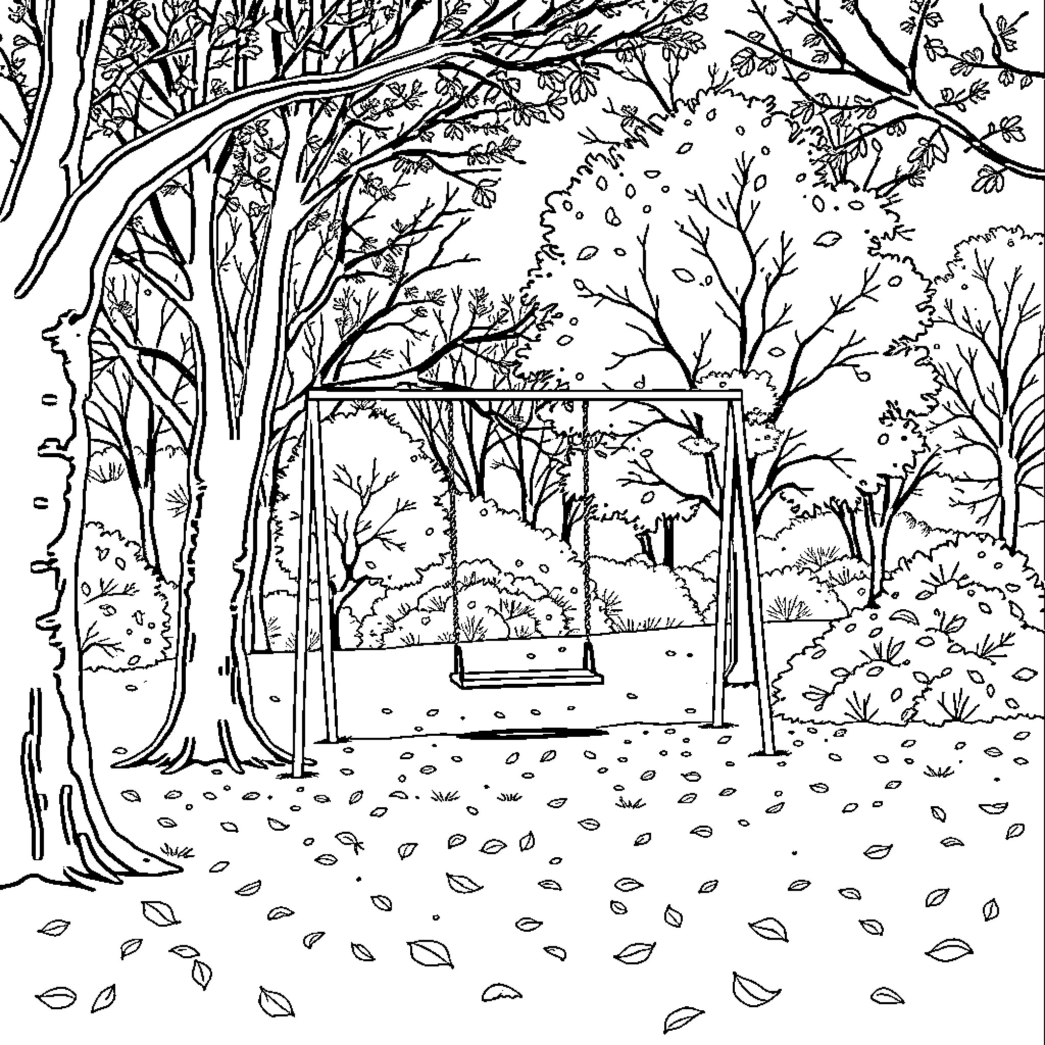 Park with Swing in Autumn Landscape Coloring Page (free black-and-white line drawing printable PDF for all, from beginners to advanced learners, including children, teens, adults, and seniors)