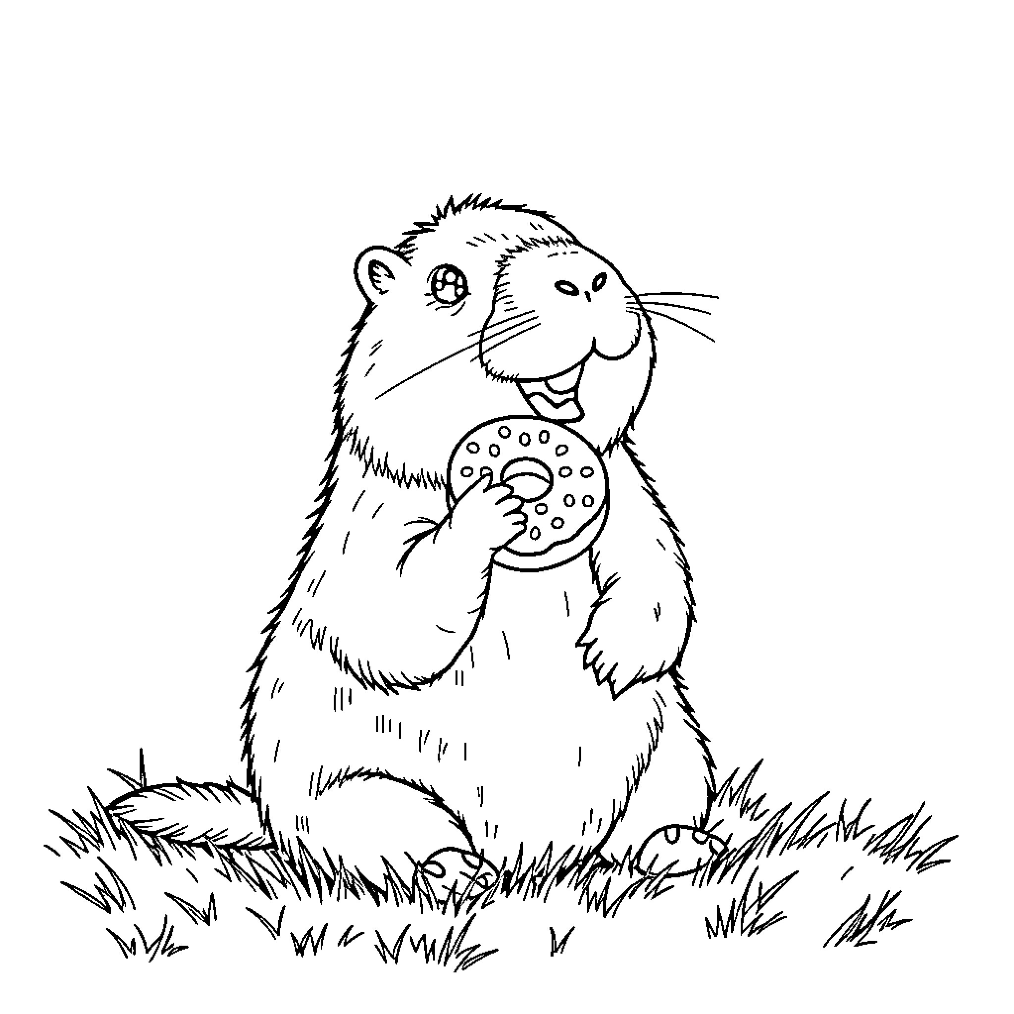 Capybara enjoying a snack in the grass Coloring Page (free black-and-white line drawing printable PDF for all, from beginners to advanced learners, including children, teens, adults, and seniors)