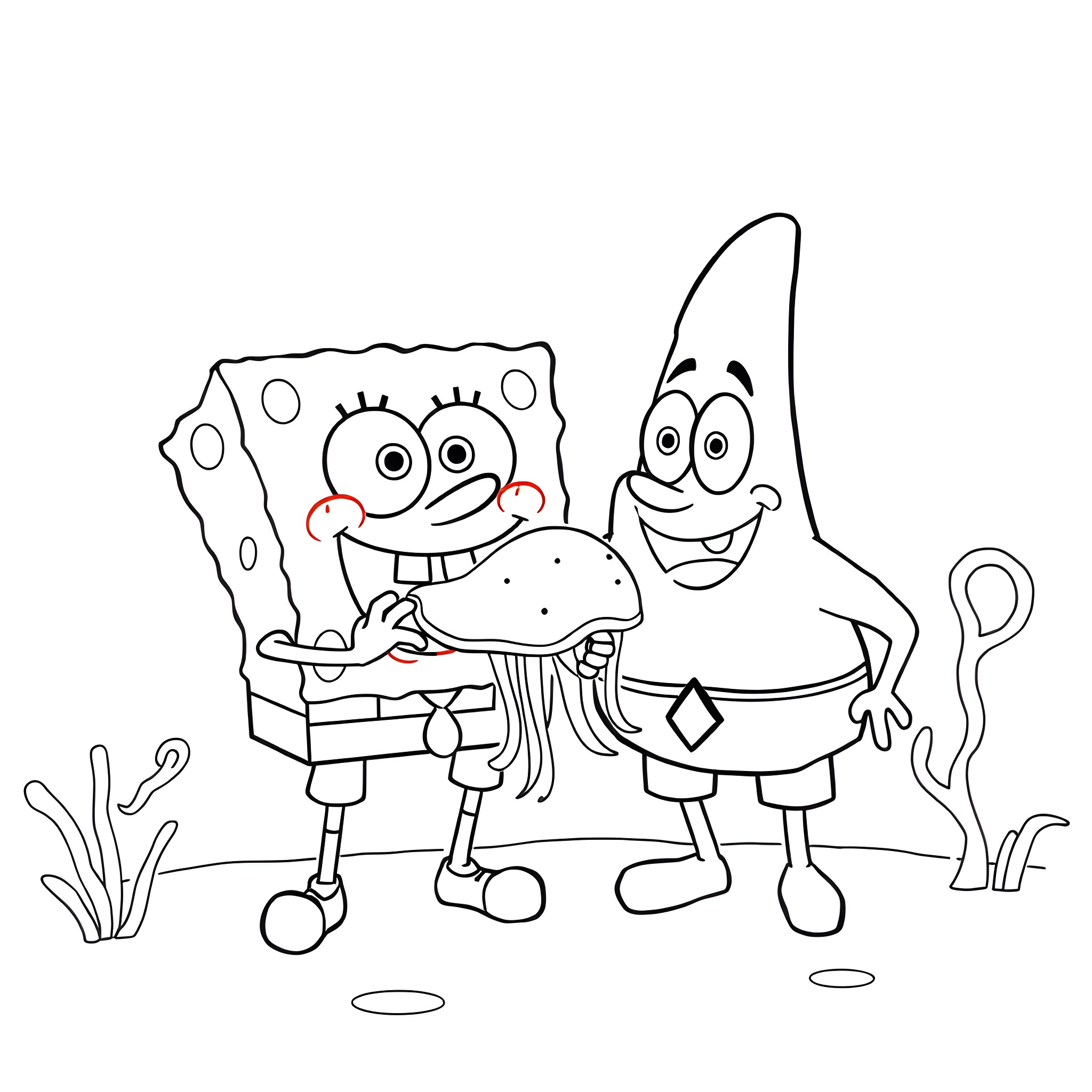 Spongebob and Patrick have a friendly interaction Coloring Page (free black-and-white line drawing printable PDF for all, from beginners to advanced learners, including children, teens, adults, and seniors)