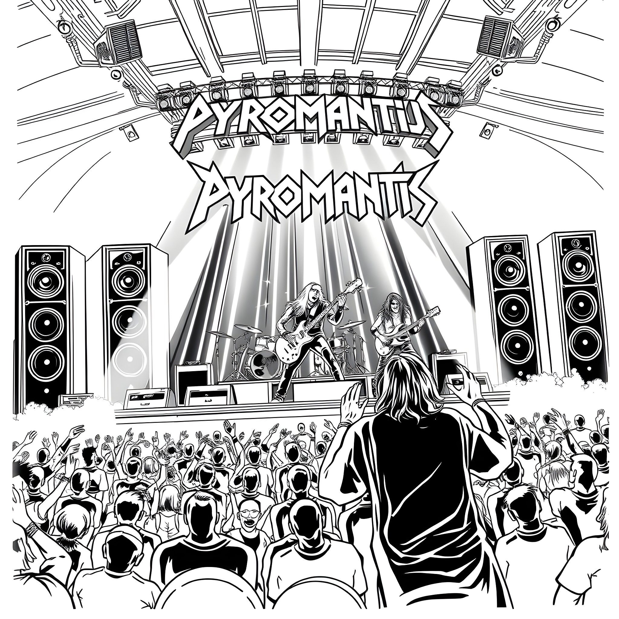 Band performing on stage before a large crowd Coloring Page (free black-and-white line drawing printable PDF for all, from beginners to advanced learners, including children, teens, adults, and seniors)