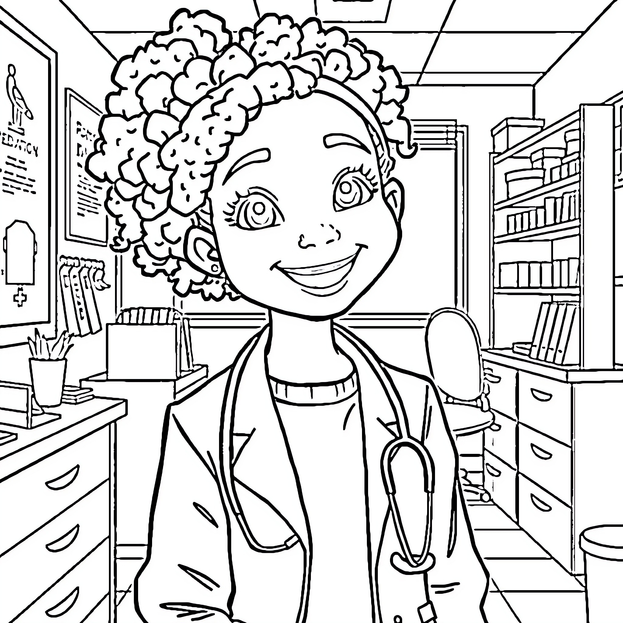 Pediatrician cheerfully in medical office Coloring Page (free black-and-white line drawing printable PDF for all, from beginners to advanced learners, including children, teens, adults, and seniors)