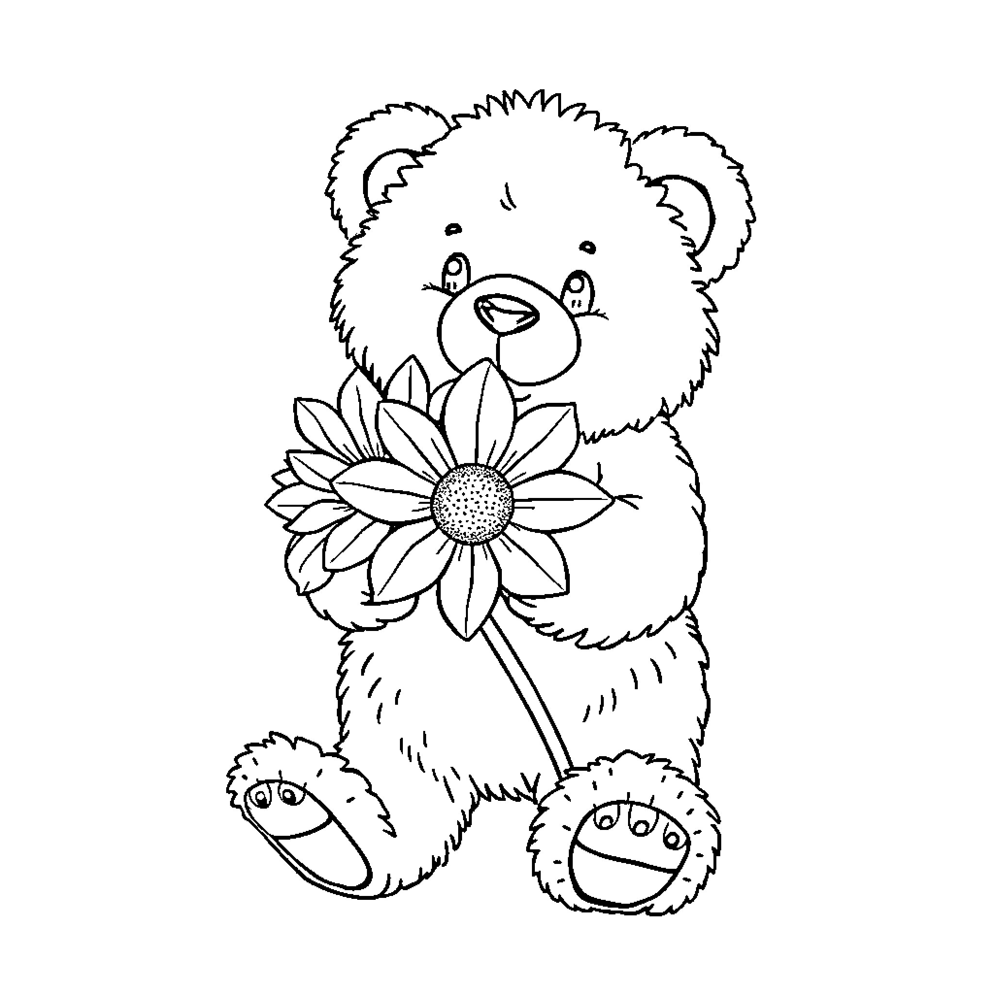 Teddy Bear holding a sunflower Coloring Page (free black-and-white line drawing printable PDF for all, from beginners to advanced learners, including children, teens, adults, and seniors)