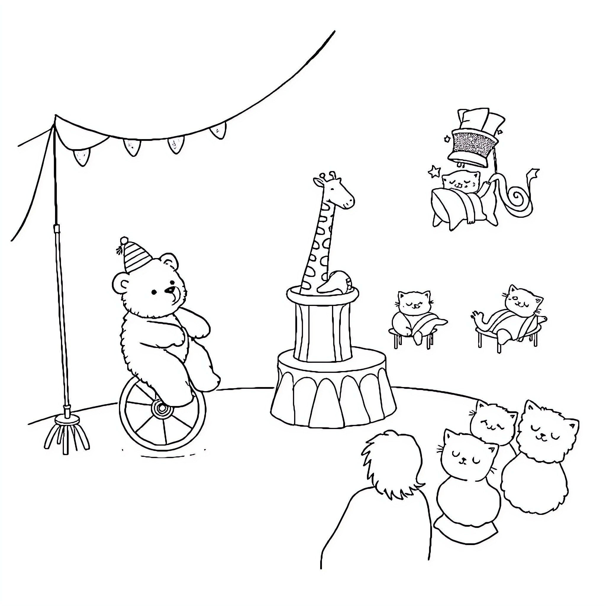 Animal characters at a party celebration Coloring Page (free black-and-white line drawing printable PDF for all, from beginners to advanced learners, including children, teens, adults, and seniors)