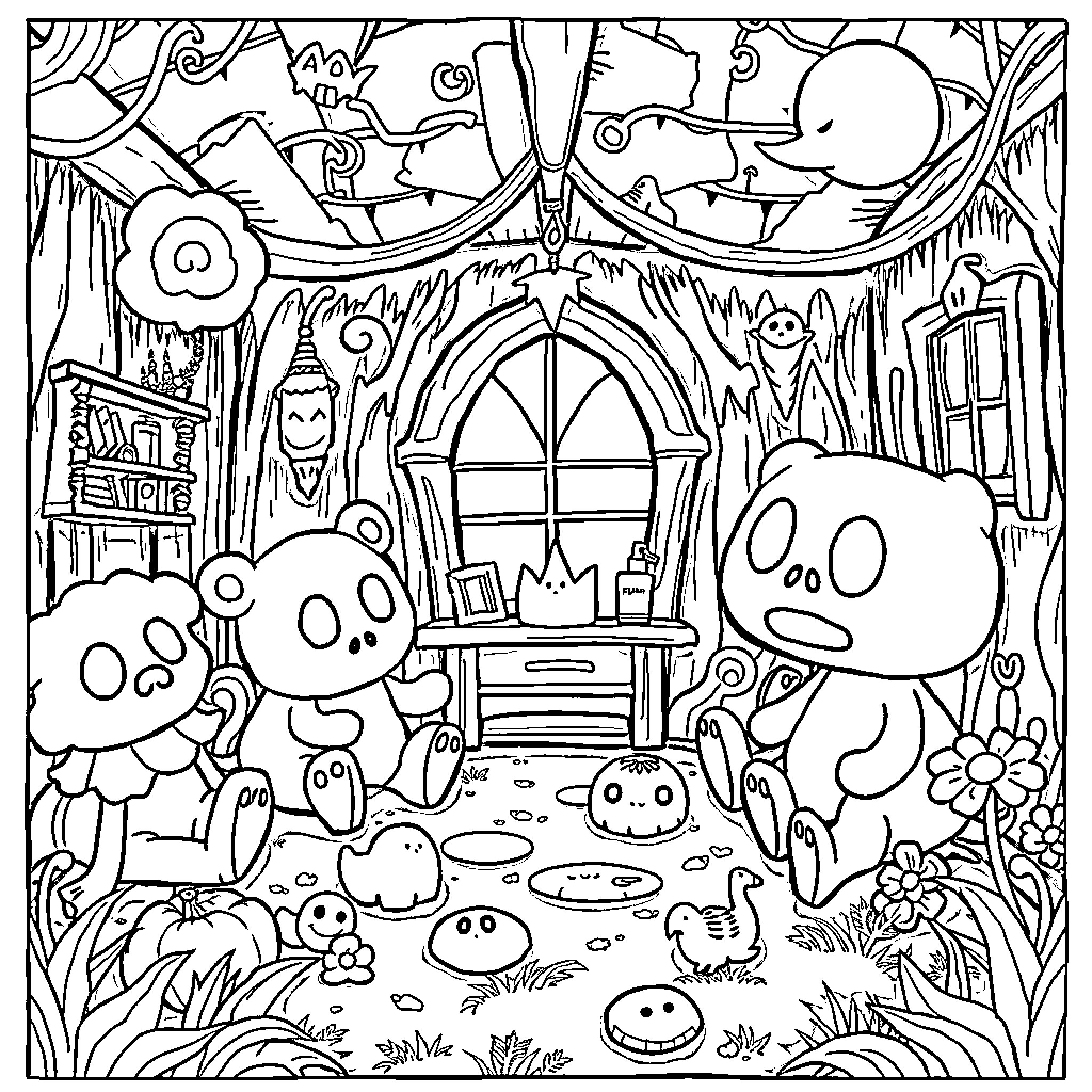 Poppy characters exploring whimsical forest scene Coloring Page (free black-and-white line drawing printable PDF for all, from beginners to advanced learners, including children, teens, adults, and seniors)