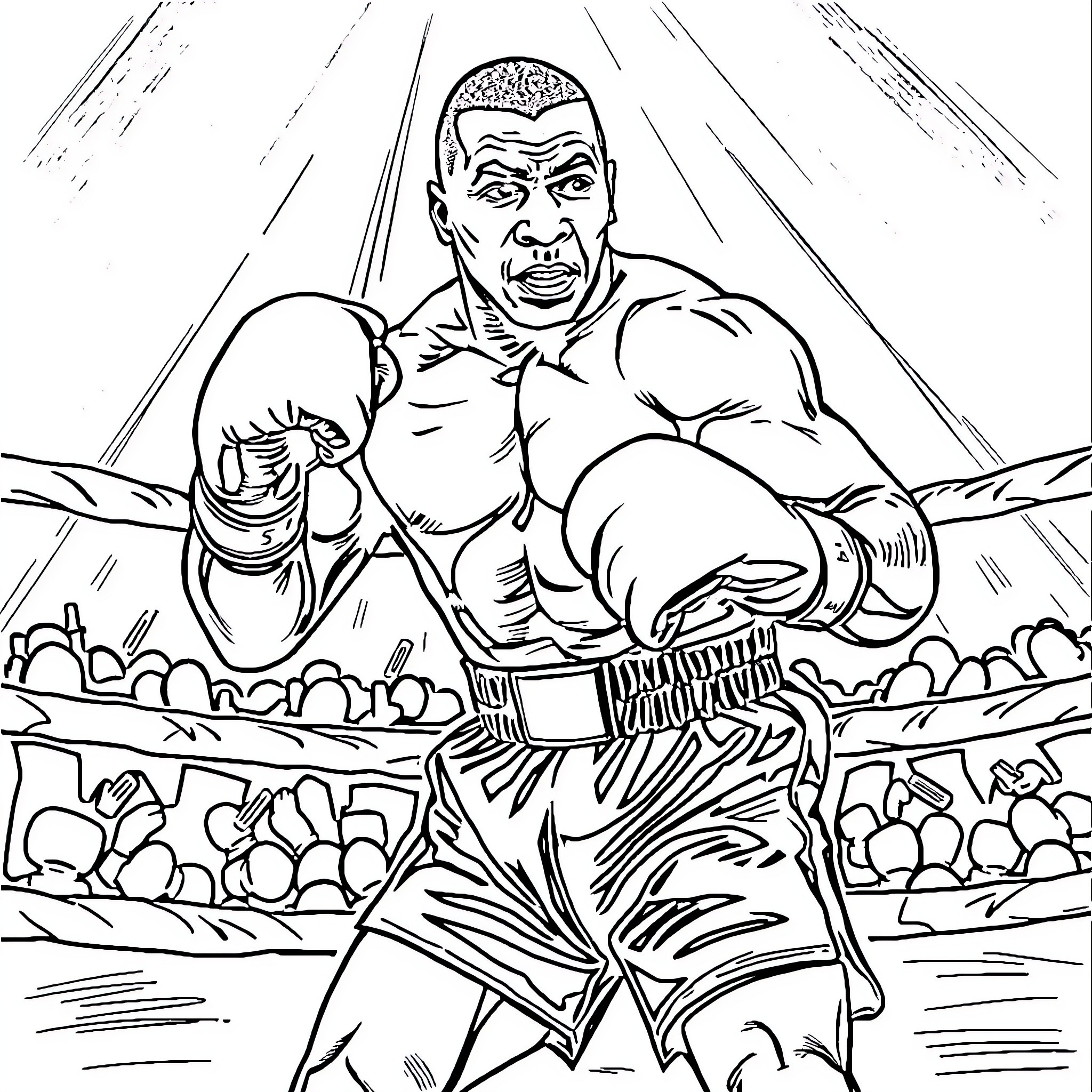 Mike Tyson Punching in the Boxing Ring Coloring Page (free black-and-white line drawing printable PDF for all, from beginners to advanced learners, including children, teens, adults, and seniors)