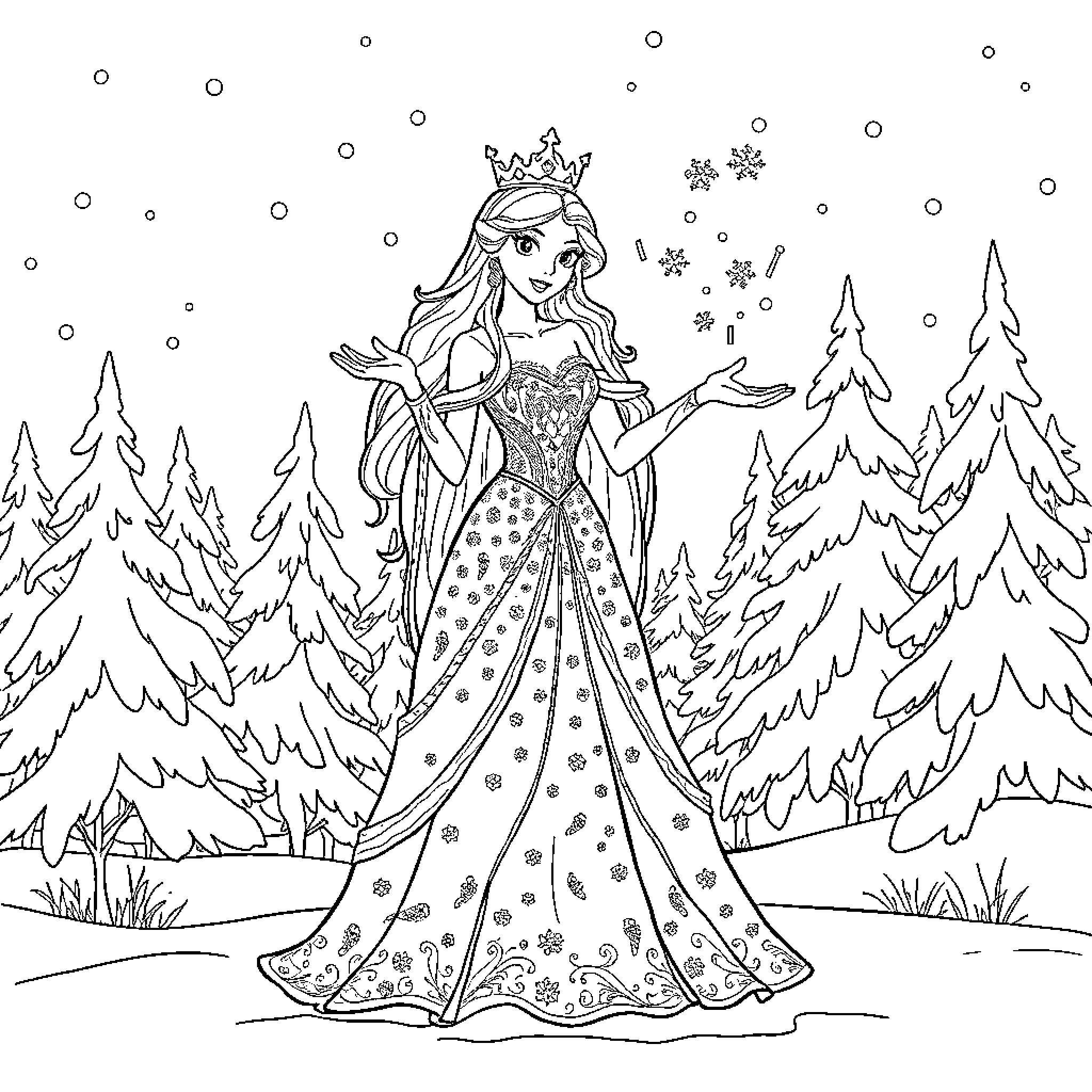 Queen in Winter Wonderland Coloring Page (free black-and-white line drawing printable PDF for all, from beginners to advanced learners, including children, teens, adults, and seniors)