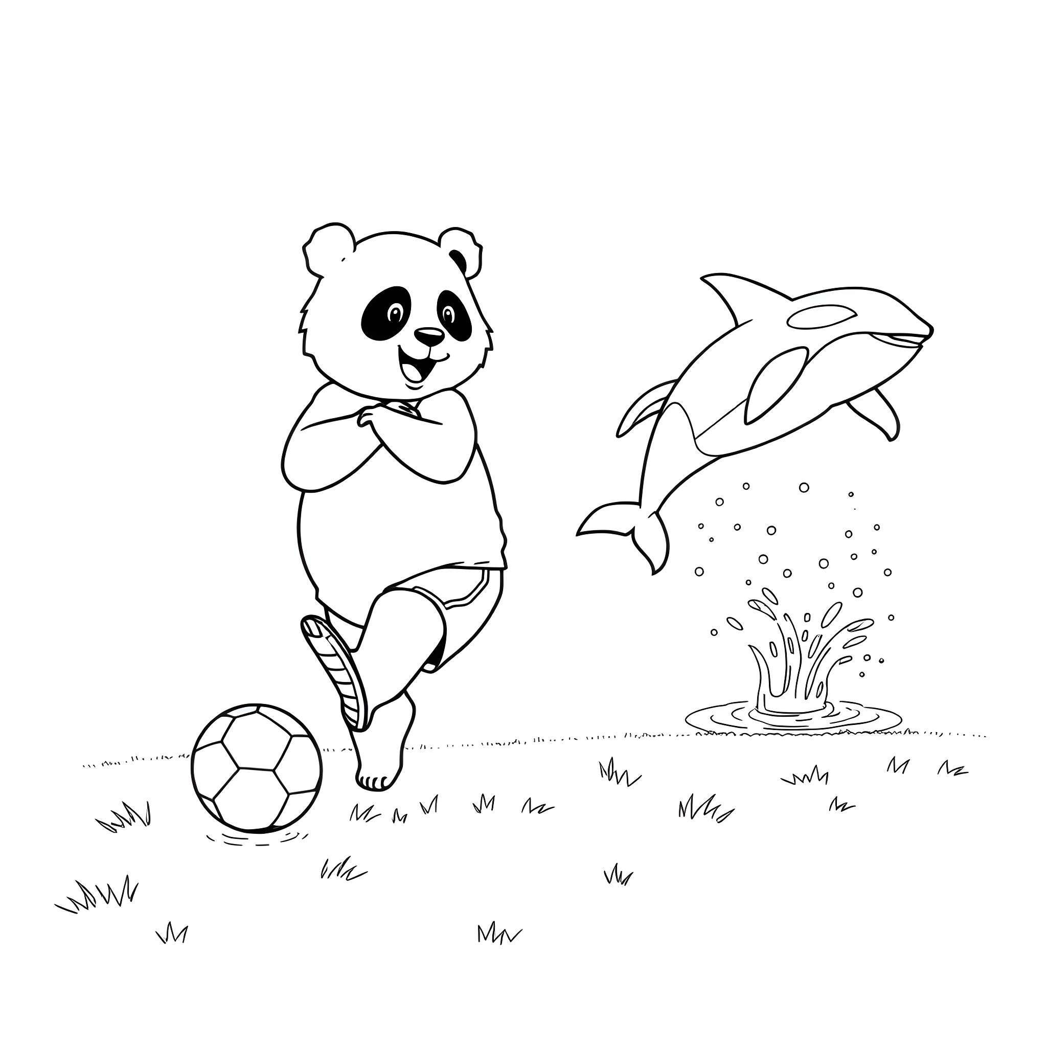 Panda playing with a soccer ball near a jumping orca Coloring Page (free black-and-white line drawing printable PDF for all, from beginners to advanced learners, including children, teens, adults, and seniors)