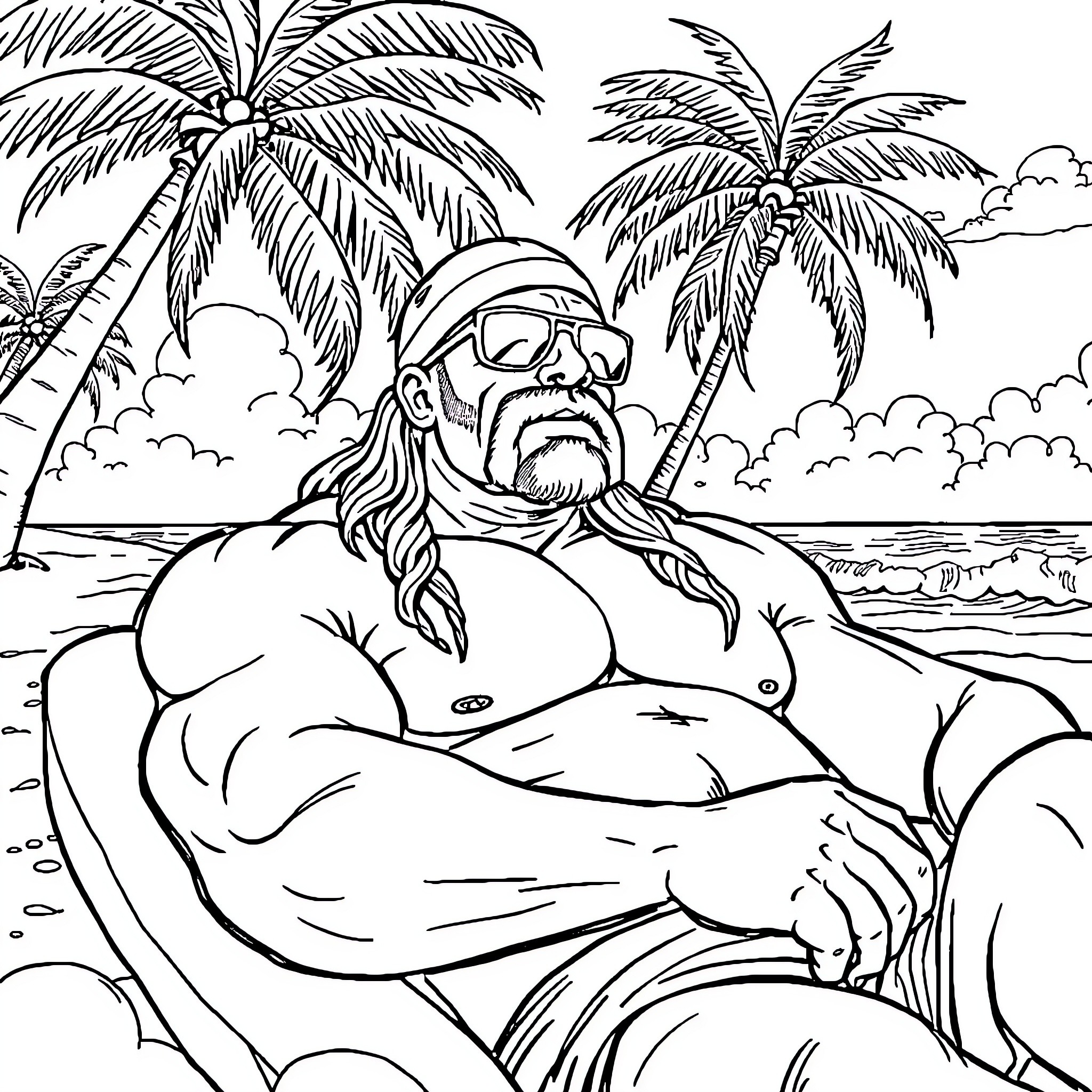 Hulk Hogan relaxing on a tropical beach Coloring Page (free black-and-white line drawing printable PDF for all, from beginners to advanced learners, including children, teens, adults, and seniors)
