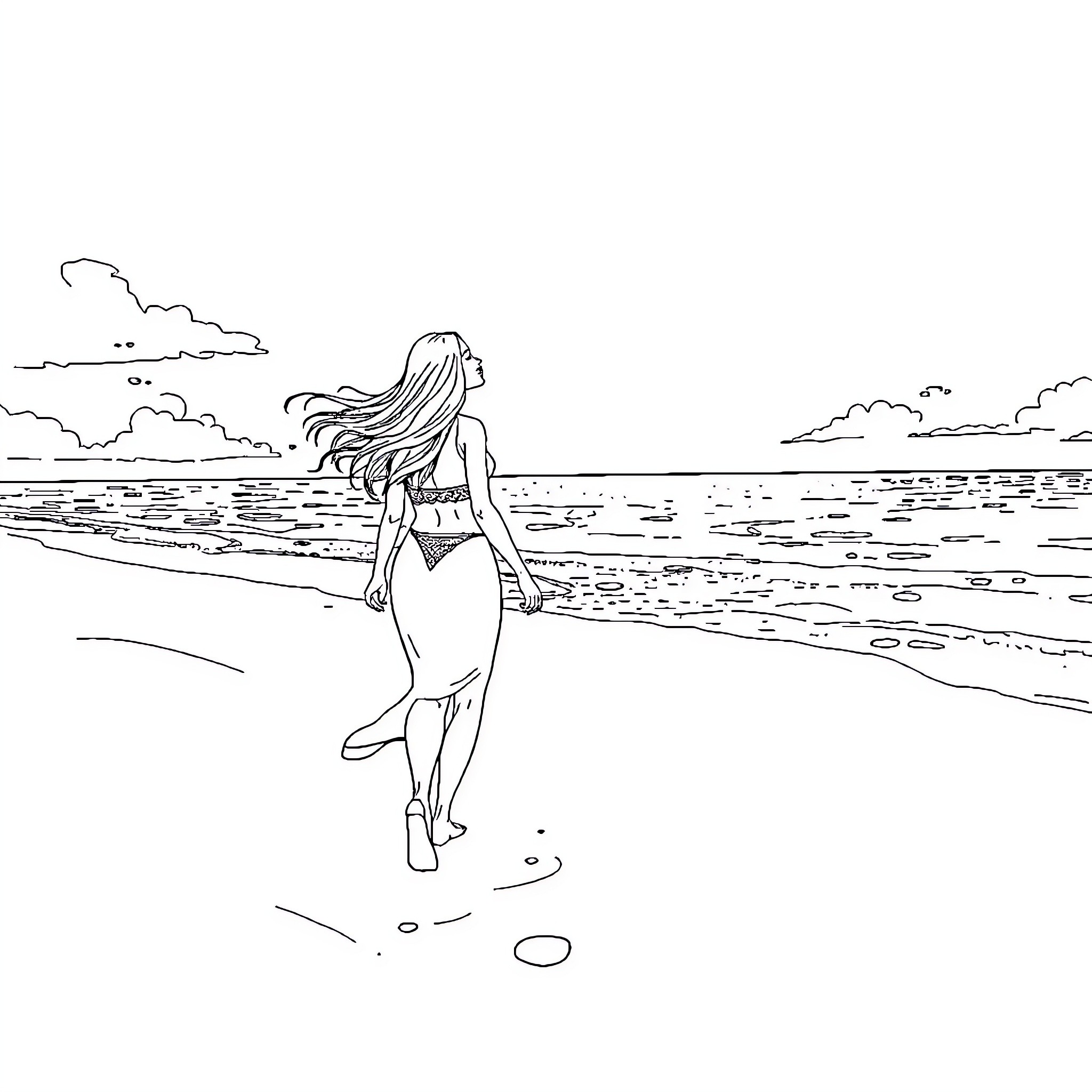 Woman walking along the beach in the sunset Coloring Page (free black-and-white line drawing printable PDF for all, from beginners to advanced learners, including children, teens, adults, and seniors)