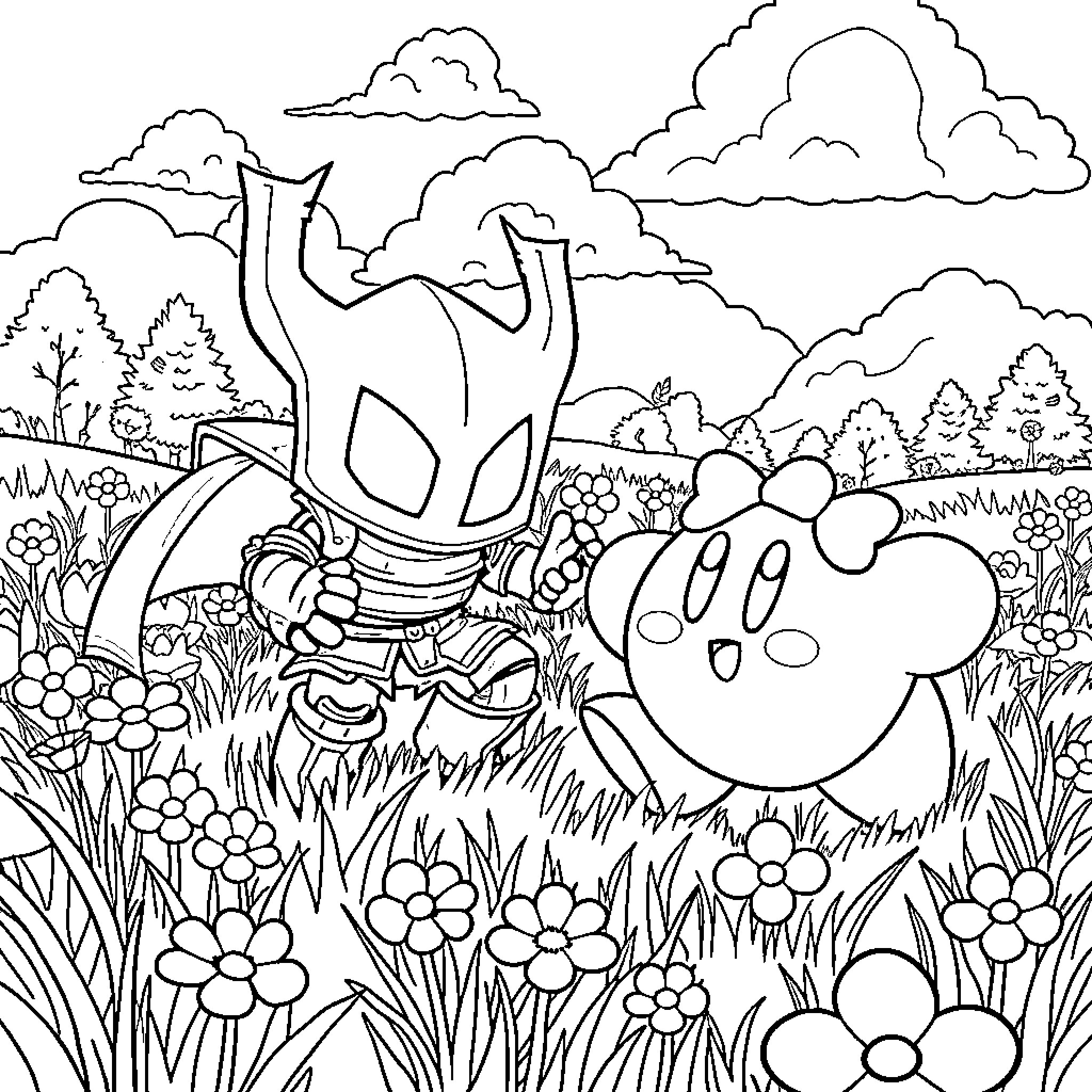 Hollow Knight characters exploring a scenic forest Coloring Page (free black-and-white line drawing printable PDF for all, from beginners to advanced learners, including children, teens, adults, and seniors)