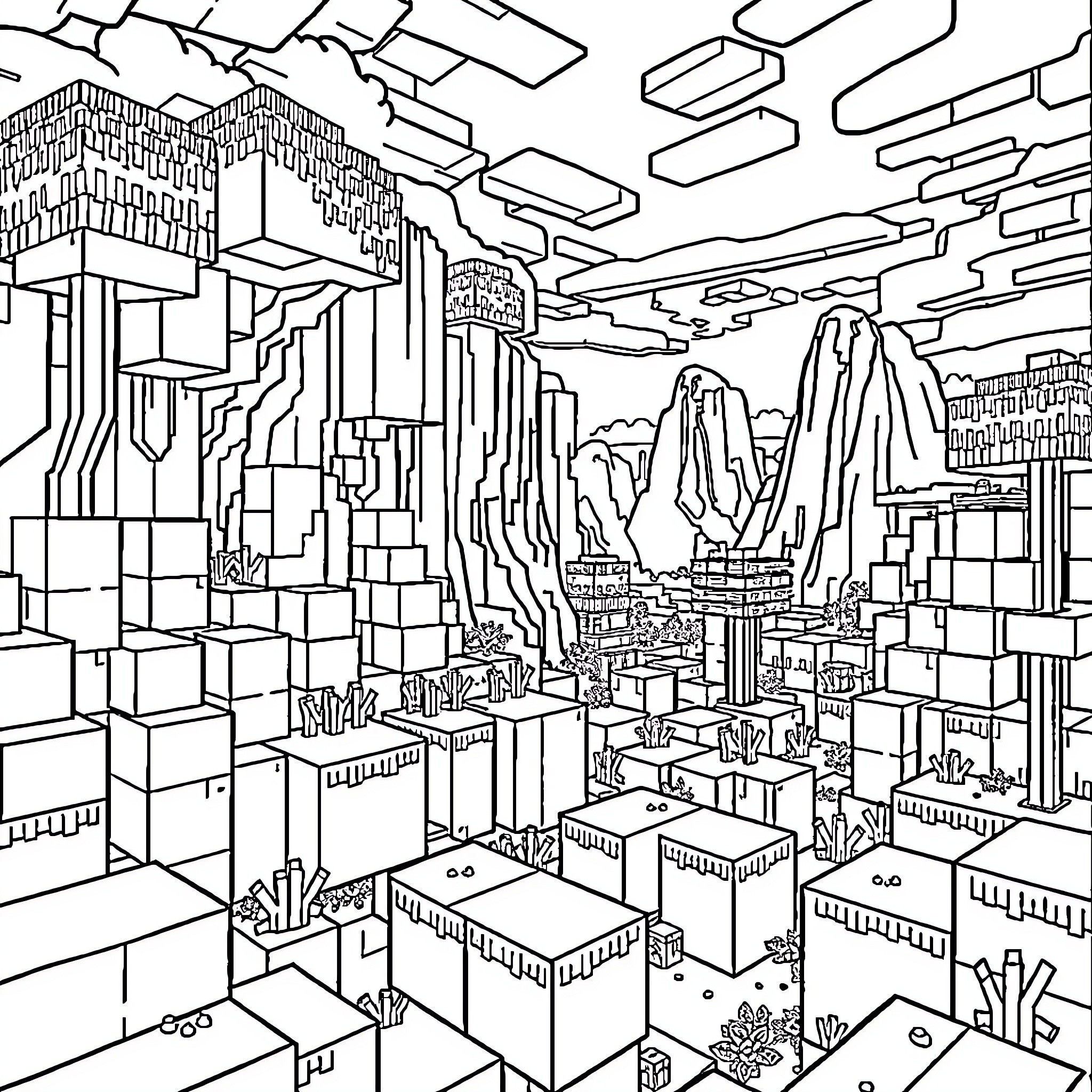 Minecraft Geometric Cityscape in Black and White Coloring Page (free black-and-white line drawing printable PDF for all, from beginners to advanced learners, including children, teens, adults, and seniors)