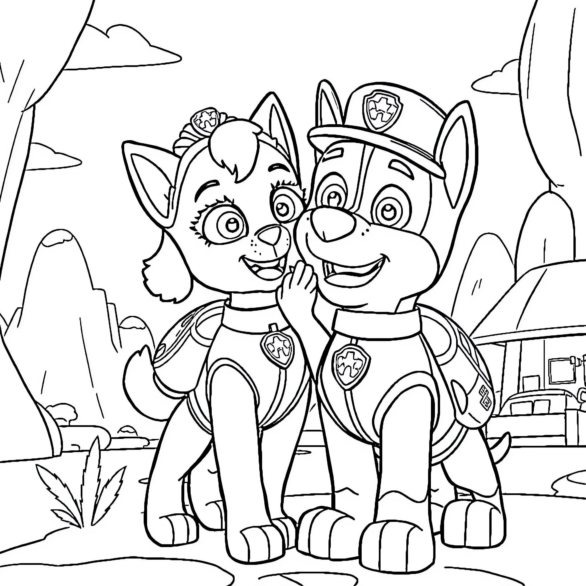 Skye and Marshall from Paw Patrol team up for adventure Coloring Page (free black-and-white line drawing printable PDF for all, from beginners to advanced learners, including children, teens, adults, and seniors)