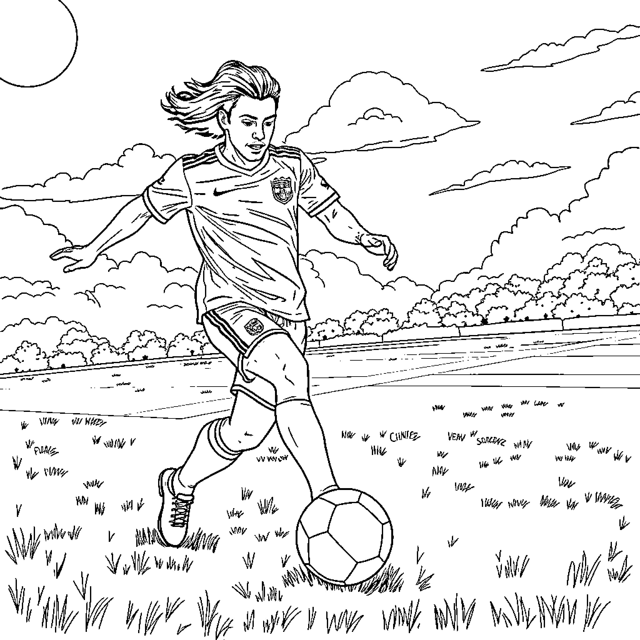 Soccer Player Dribbling the Ball in Outdoor Field Coloring Page (free black-and-white line drawing printable PDF for all, from beginners to advanced learners, including children, teens, adults, and seniors)