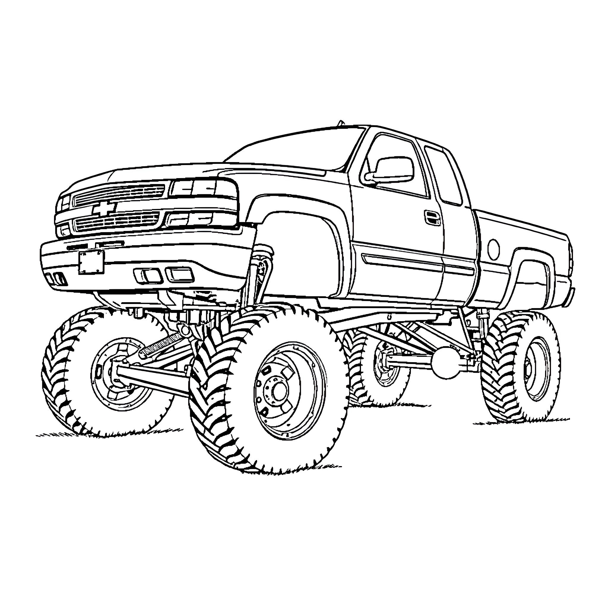 Chevrolet Silverado lifted off-road monster truck Coloring Page (free black-and-white line drawing printable PDF for all, from beginners to advanced learners, including children, teens, adults, and seniors)