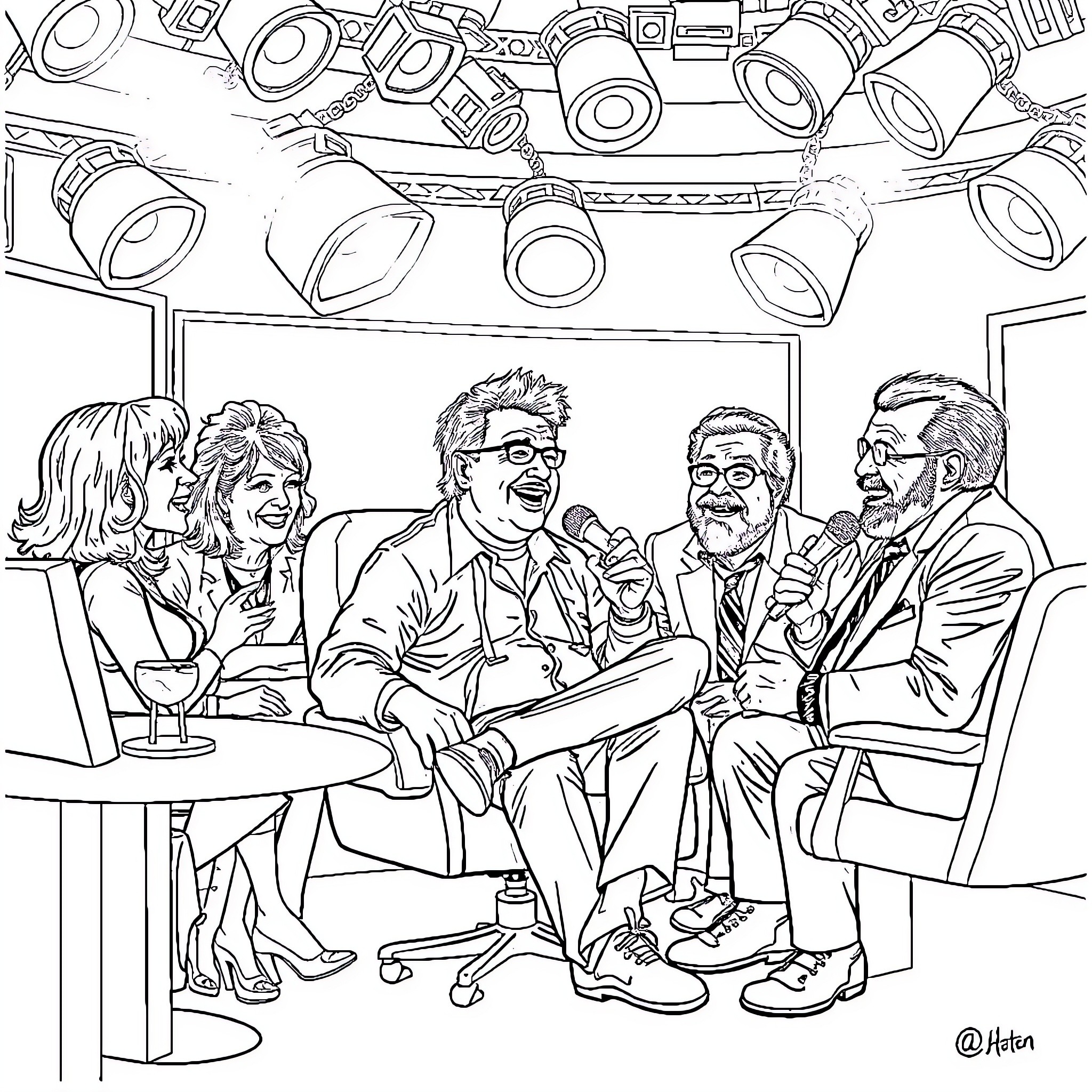 Howard Stern and guests engaged in lively discussion Coloring Page (free black-and-white line drawing printable PDF for all, from beginners to advanced learners, including children, teens, adults, and seniors)