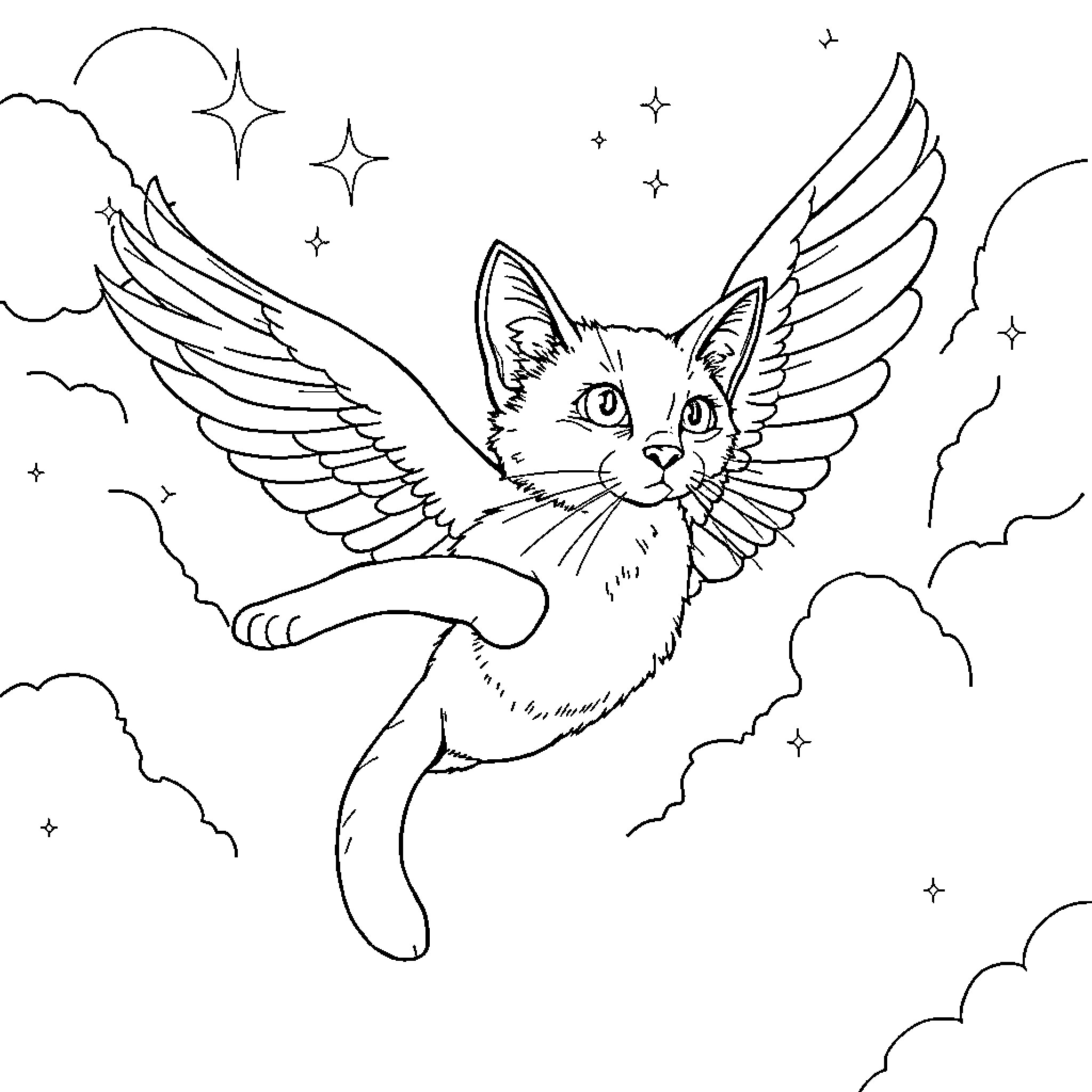 Flying Cat with Angelic Wings in Starry Skies Coloring Page (free black-and-white line drawing printable PDF for all, from beginners to advanced learners, including children, teens, adults, and seniors)