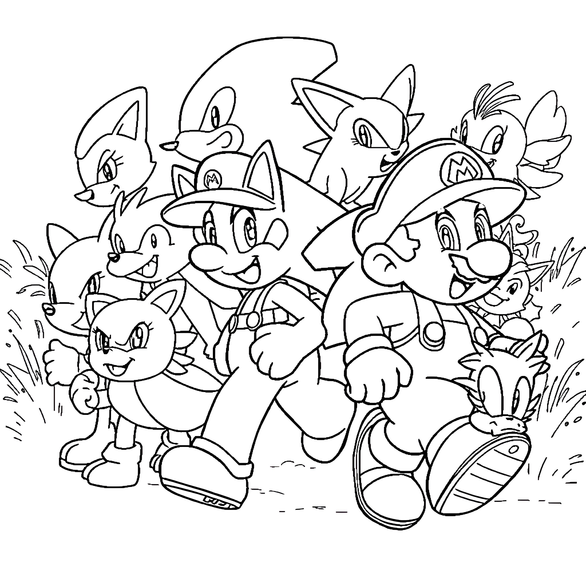 Character group of cartoon animals in playful scene Coloring Page (free black-and-white line drawing printable PDF for all, from beginners to advanced learners, including children, teens, adults, and seniors)