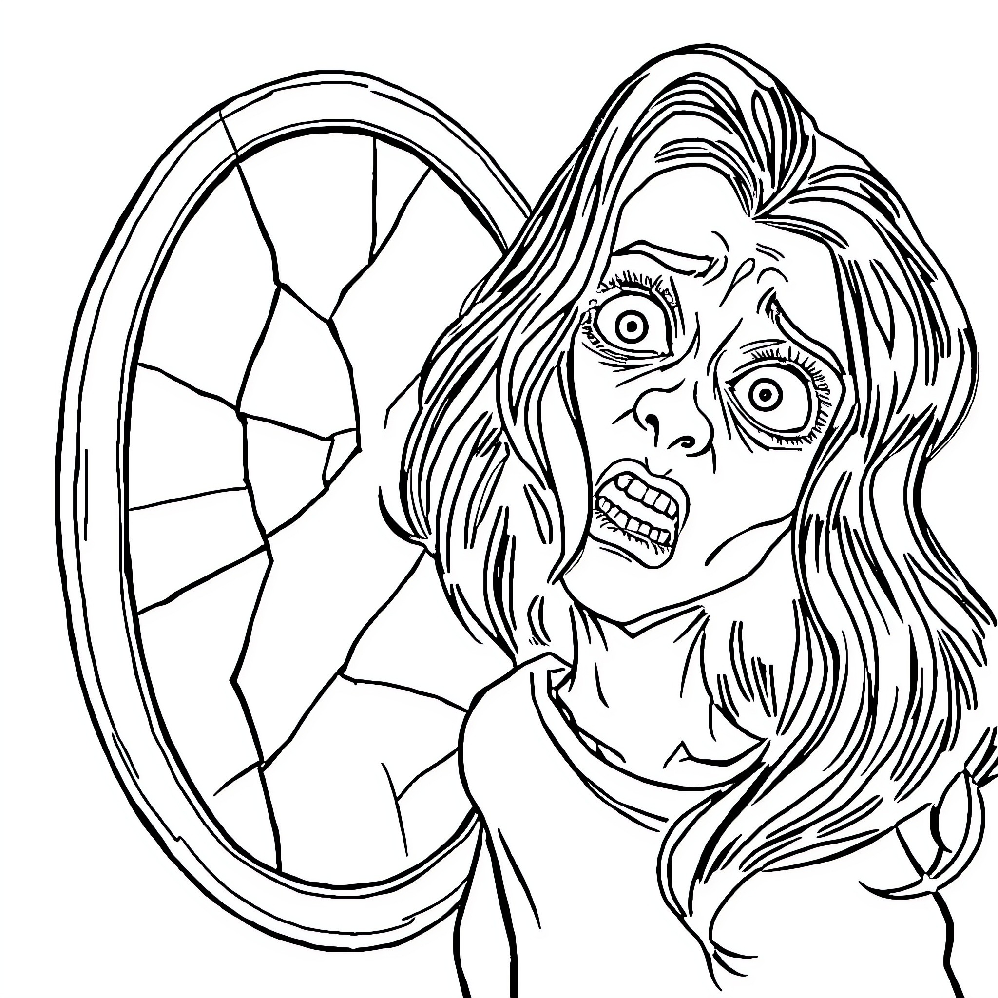 Woman with Frightened Expression in Mirror Coloring Page (free black-and-white line drawing printable PDF for all, from beginners to advanced learners, including children, teens, adults, and seniors)