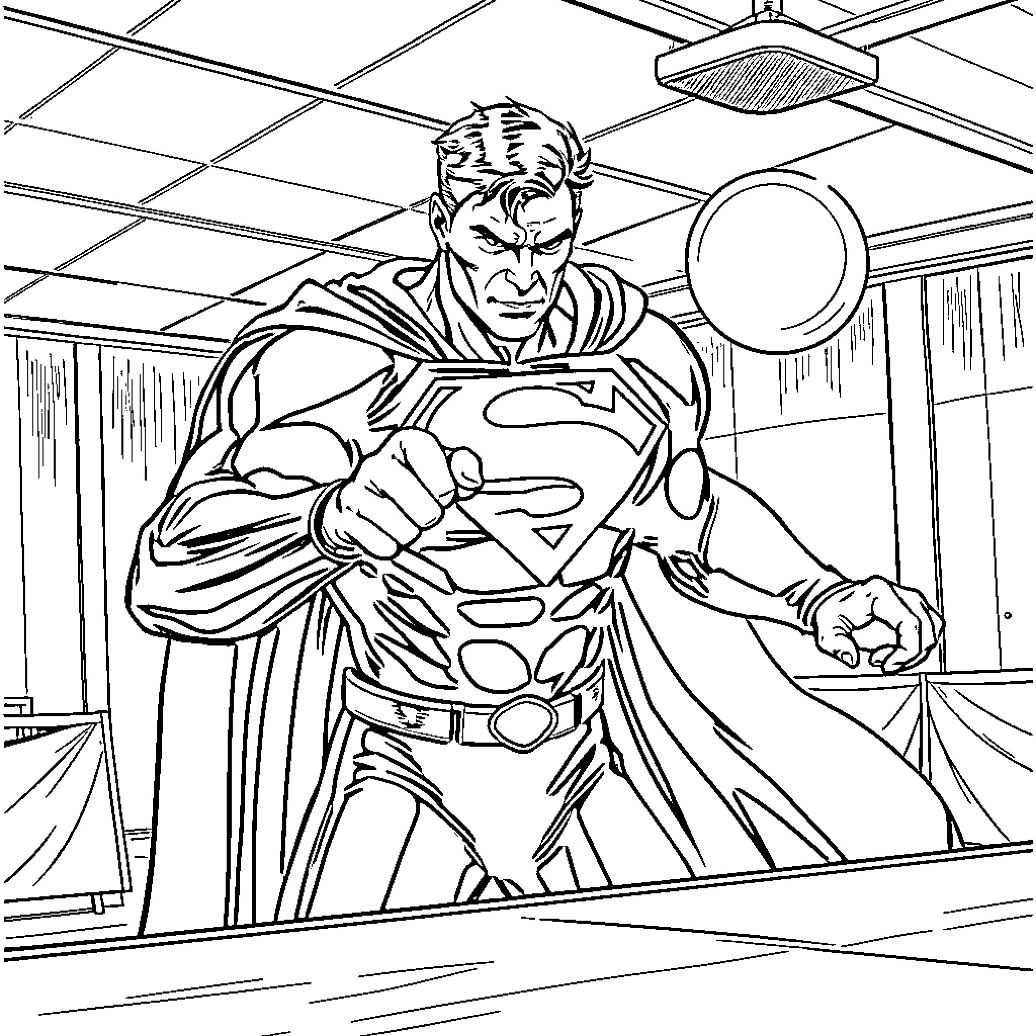 Superman heroically stands in a dramatic indoor setting Coloring Page (free black-and-white line drawing printable PDF for all, from beginners to advanced learners, including children, teens, adults, and seniors)