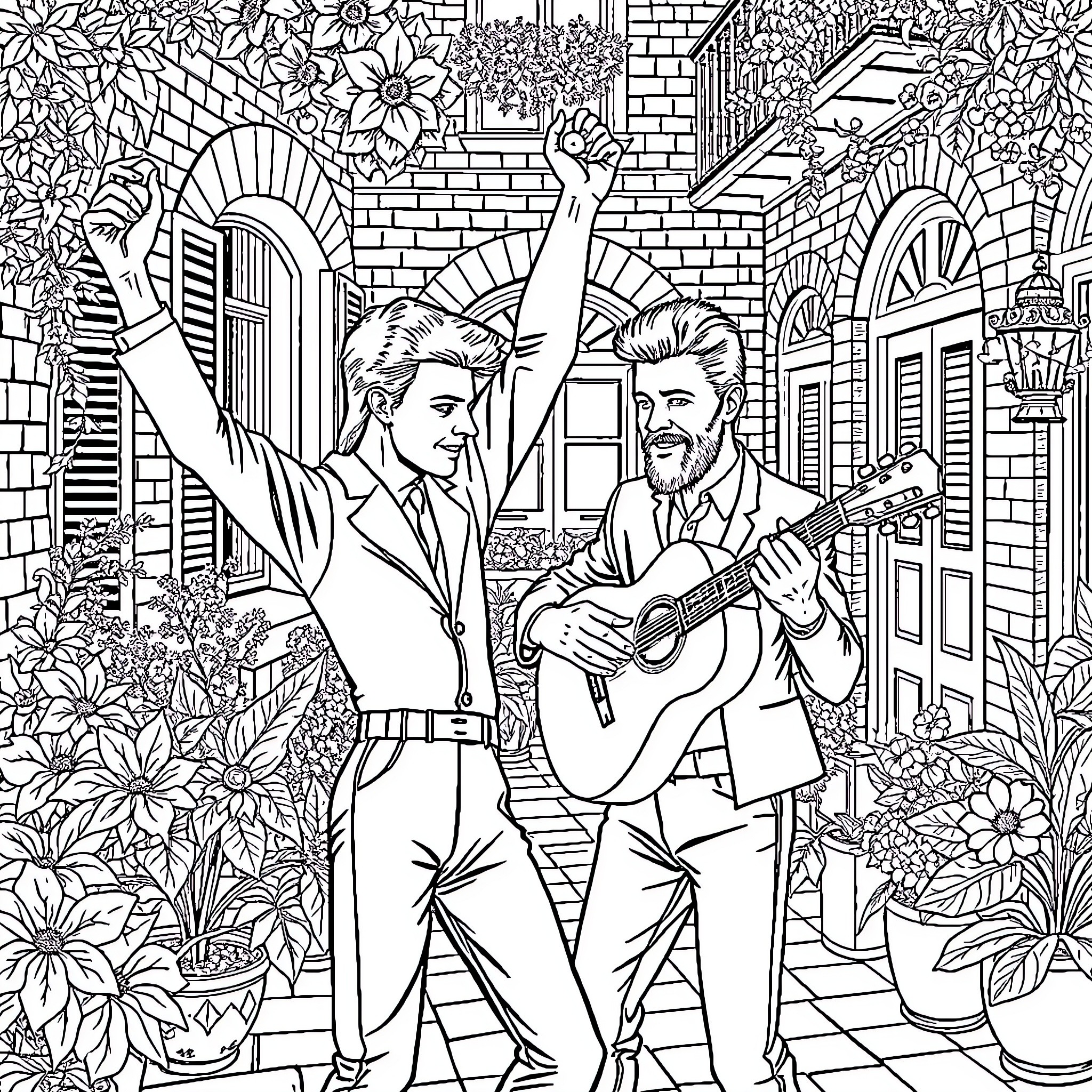 David Bowie Performing with Musician in Floral Garden Coloring Page (free black-and-white line drawing printable PDF for all, from beginners to advanced learners, including children, teens, adults, and seniors)