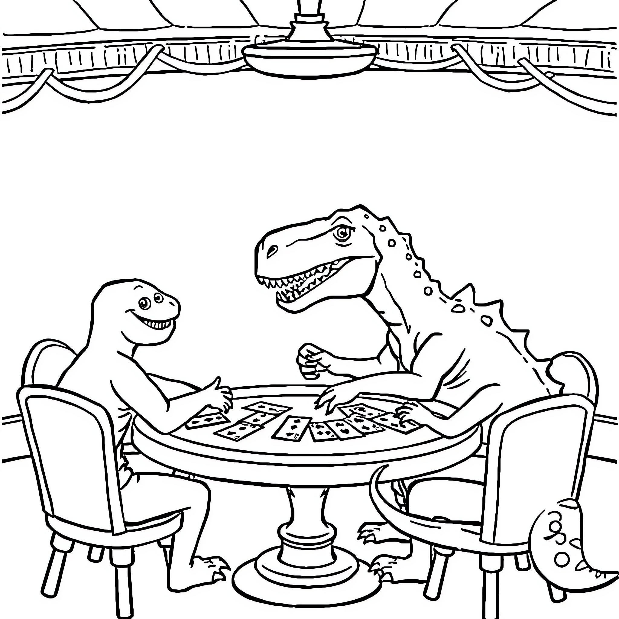Dinosaurs playing a card game together Coloring Page (free black-and-white line drawing printable PDF for all, from beginners to advanced learners, including children, teens, adults, and seniors)