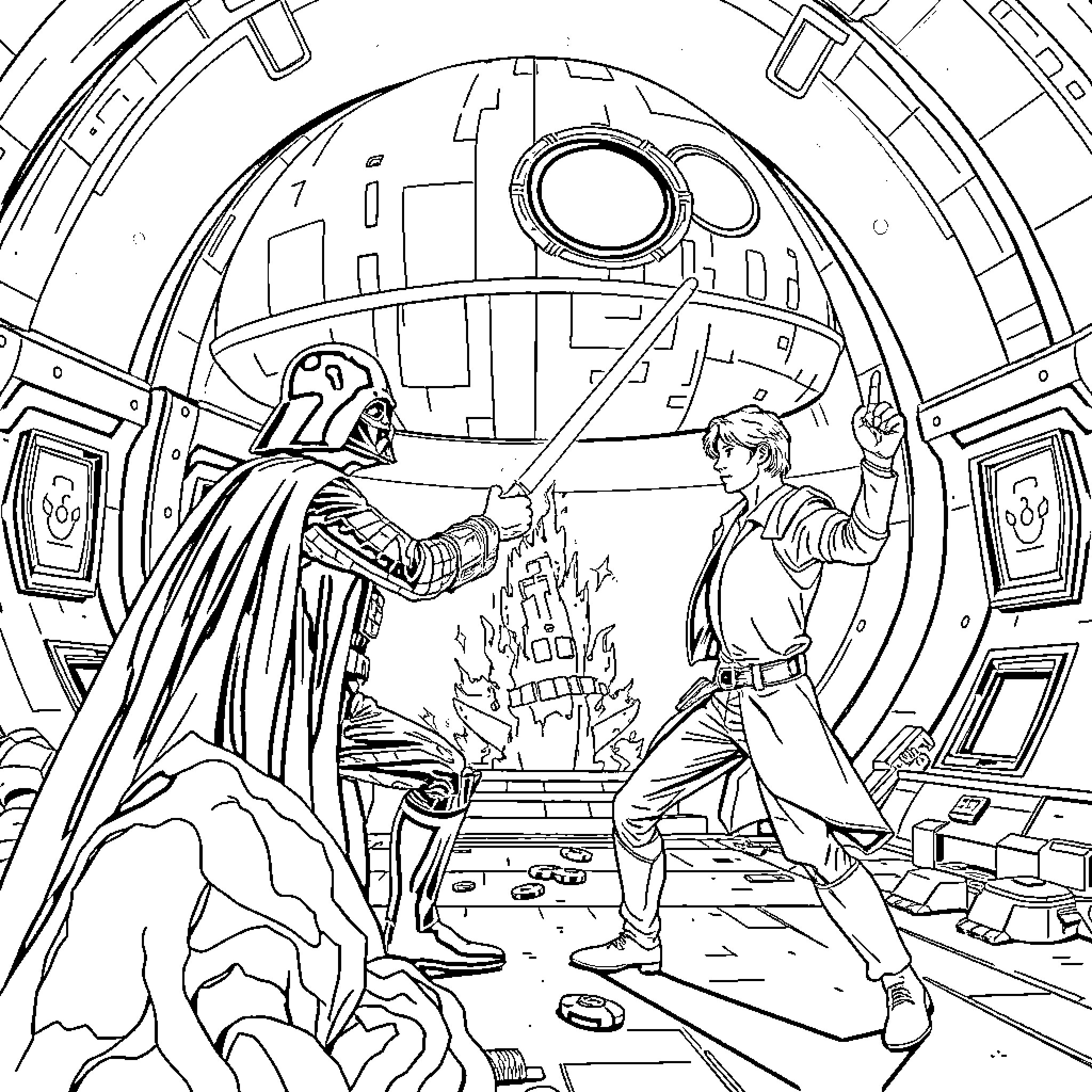 Han Solo confronts Darth Vader in epic showdown Coloring Page (free black-and-white line drawing printable PDF for all, from beginners to advanced learners, including children, teens, adults, and seniors)