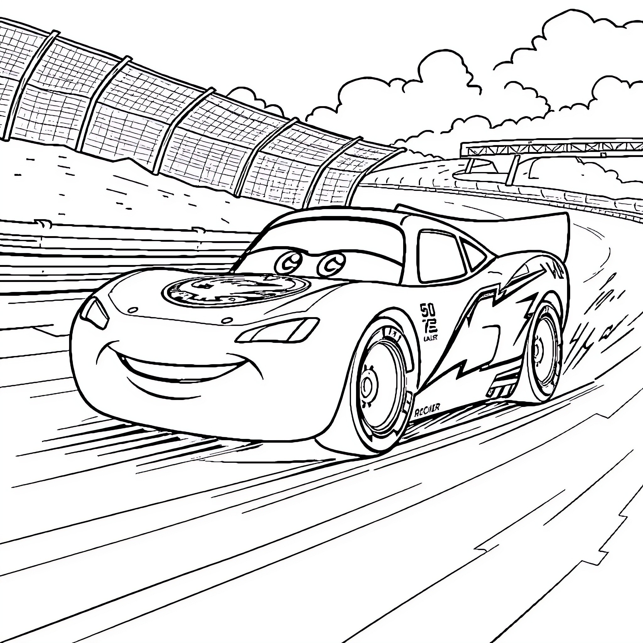 Lightning McQueen racing on the track Coloring Page (free black-and-white line drawing printable PDF for all, from beginners to advanced learners, including children, teens, adults, and seniors)
