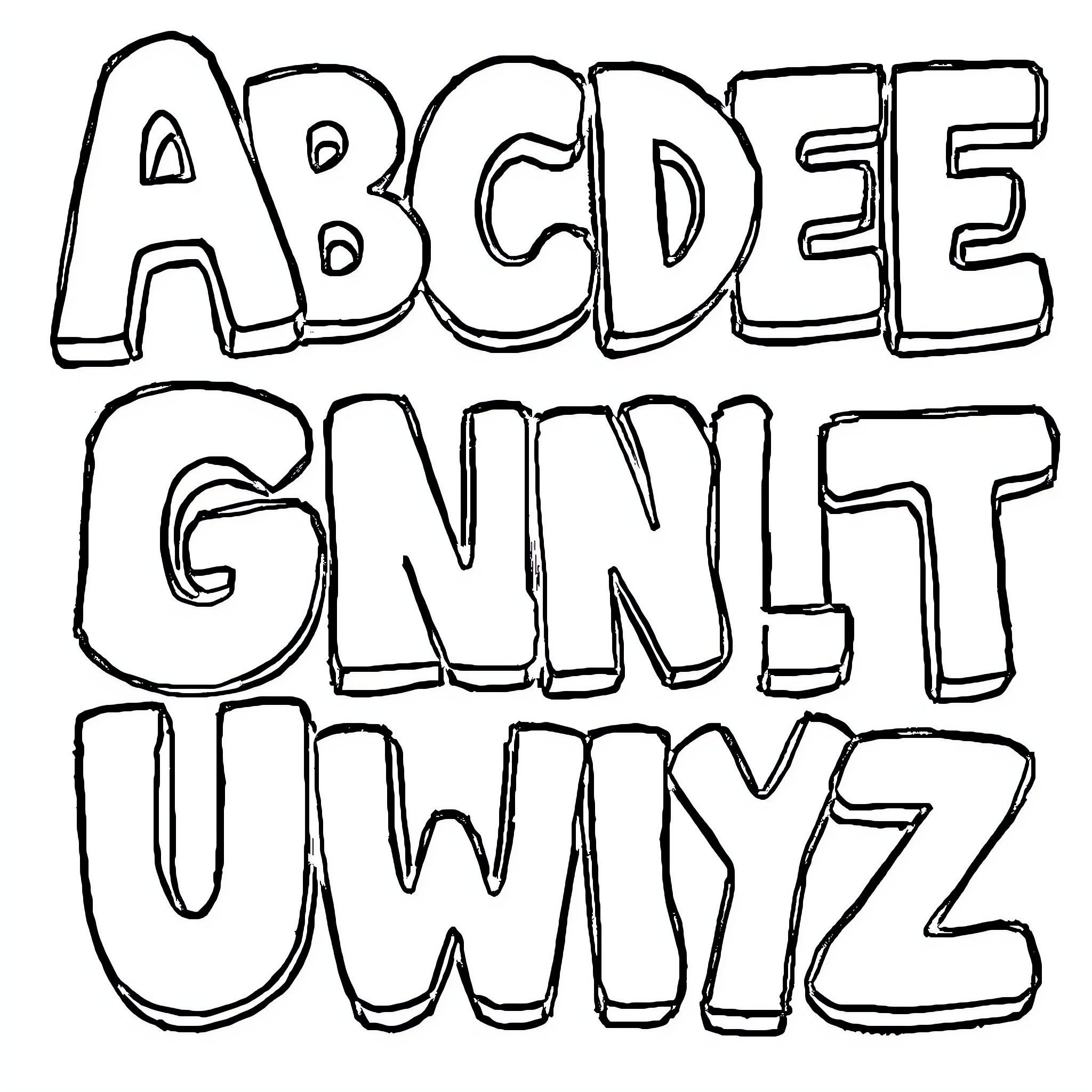 Alphabet of unique handwritten letters Coloring Page (free black-and-white line drawing printable PDF for all, from beginners to advanced learners, including children, teens, adults, and seniors)