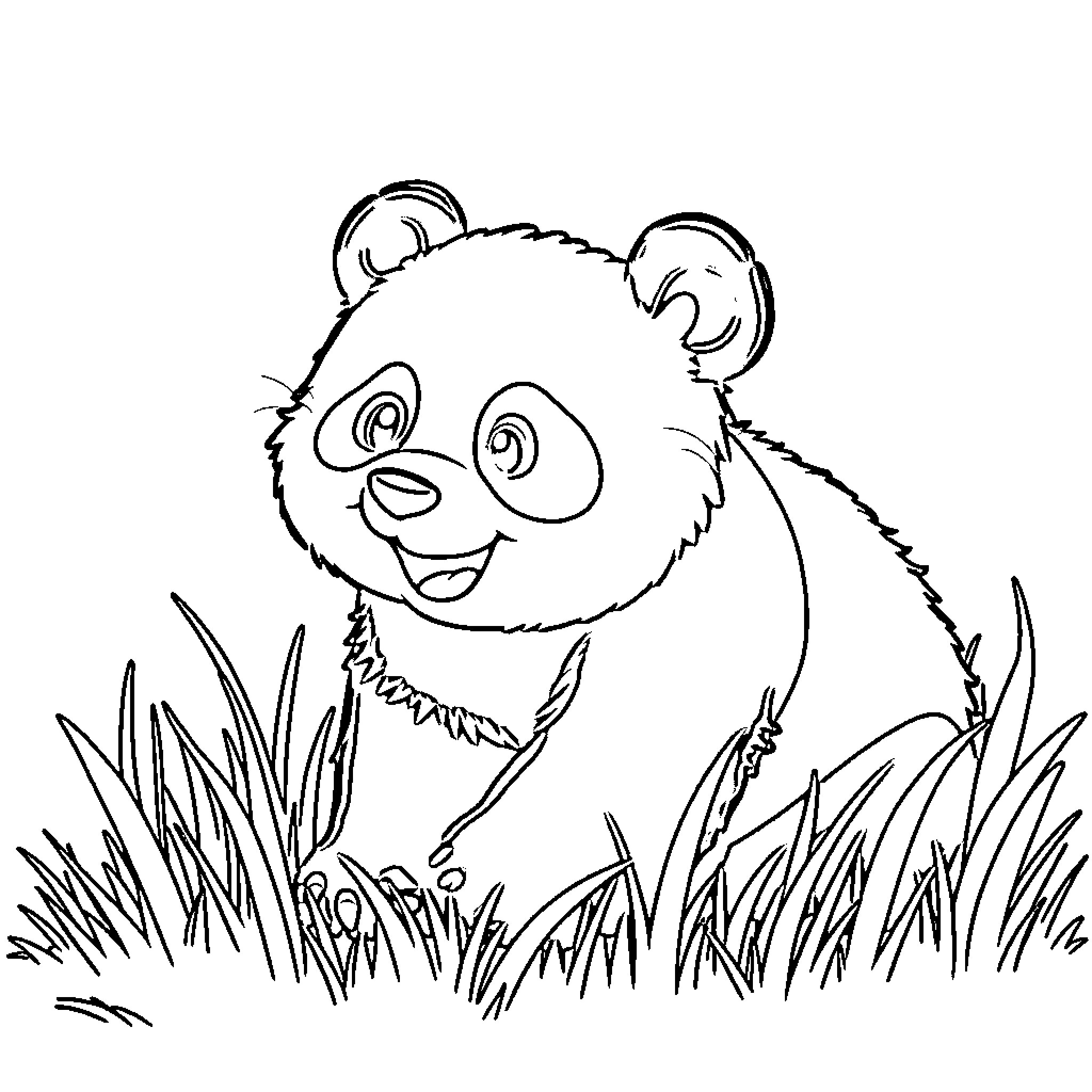 Panda in the grass Coloring Page (free black-and-white line drawing printable PDF for all, from beginners to advanced learners, including children, teens, adults, and seniors)