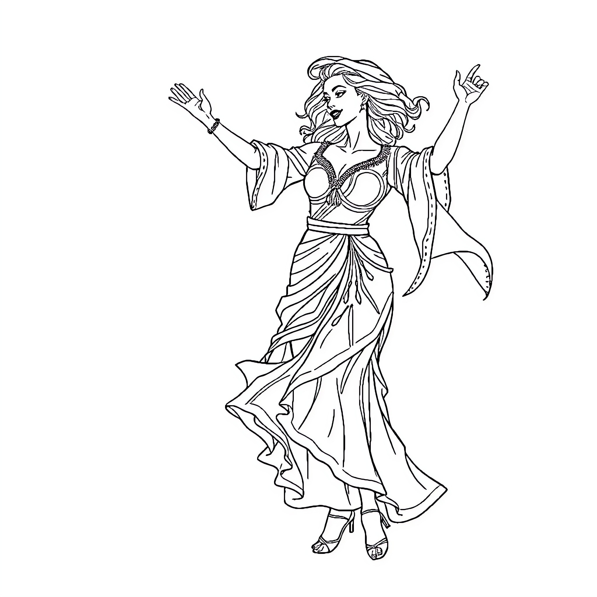 Woman dancing in traditional cultural attire Coloring Page (free black-and-white line drawing printable PDF for all, from beginners to advanced learners, including children, teens, adults, and seniors)