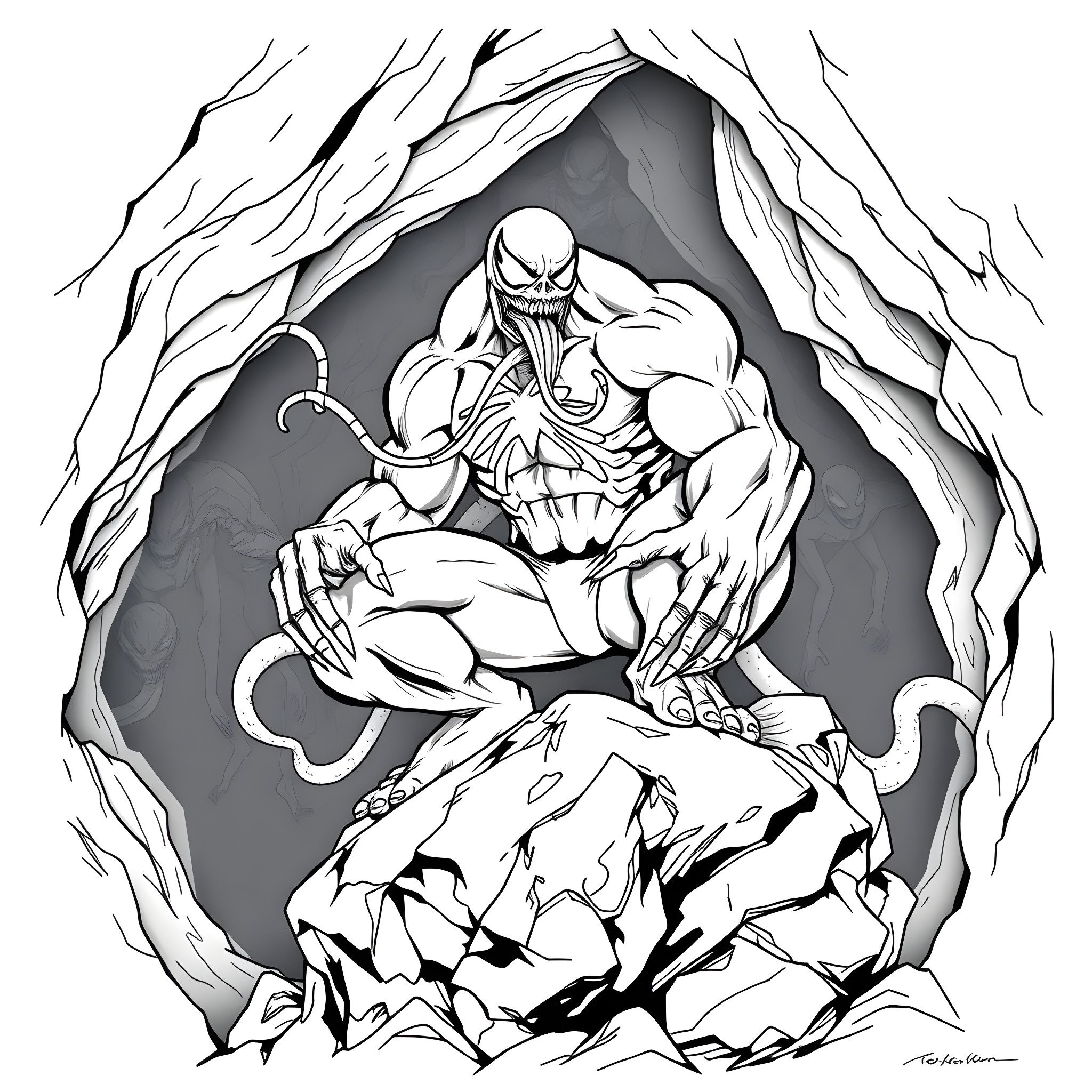 Venom Emerging from the Darkness Coloring Page (free black-and-white line drawing printable PDF for all, from beginners to advanced learners, including children, teens, adults, and seniors)