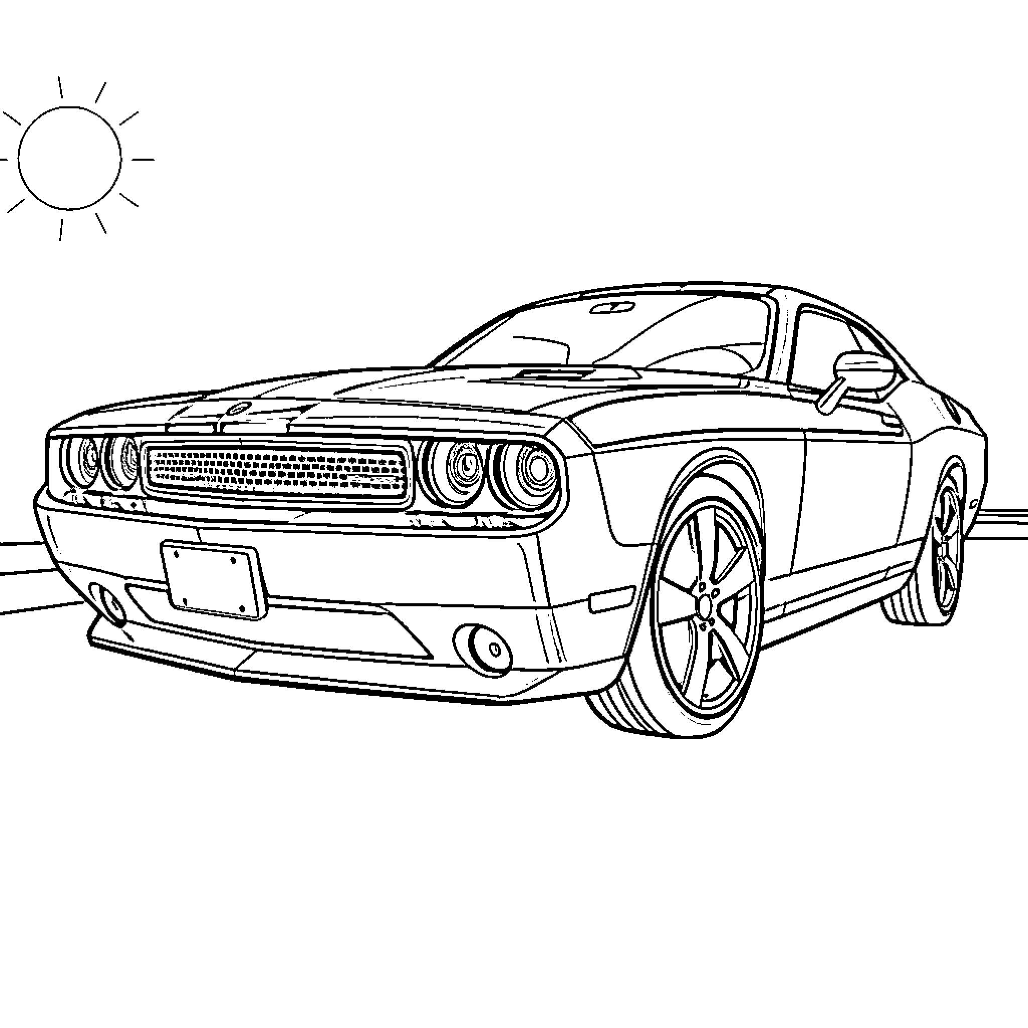 Challenger speeding under the sun Coloring Page (free black-and-white line drawing printable PDF for all, from beginners to advanced learners, including children, teens, adults, and seniors)