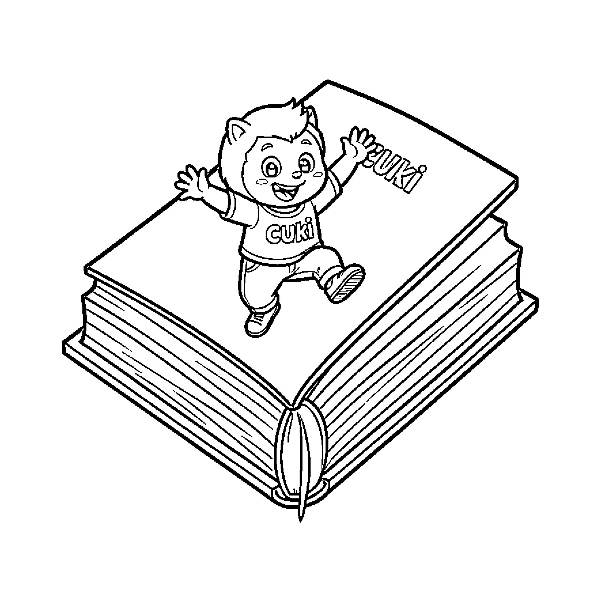Book featuring a cheerful character jumping with joy Coloring Page (free black-and-white line drawing printable PDF for all, from beginners to advanced learners, including children, teens, adults, and seniors)