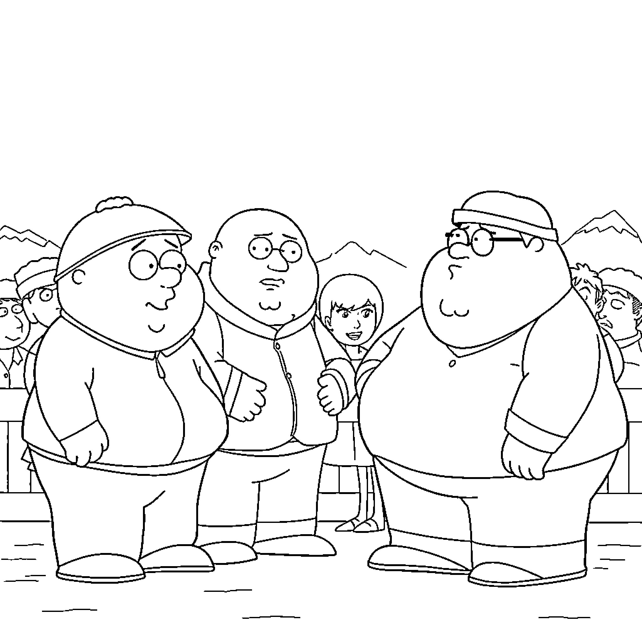 Cartoon characters gathered outdoors Coloring Page (free black-and-white line drawing printable PDF for all, from beginners to advanced learners, including children, teens, adults, and seniors)