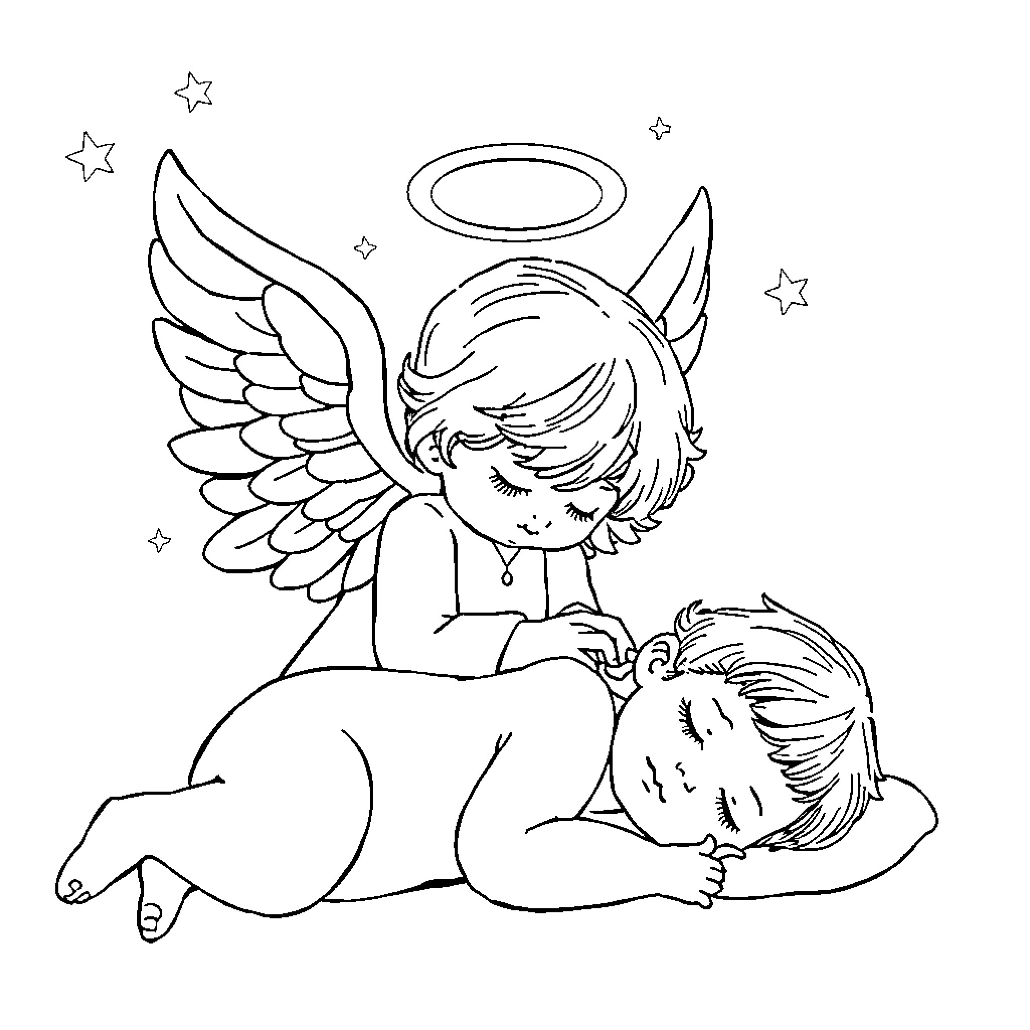 Angel comforts sleeping child in starry night Coloring Page (free black-and-white line drawing printable PDF for all, from beginners to advanced learners, including children, teens, adults, and seniors)