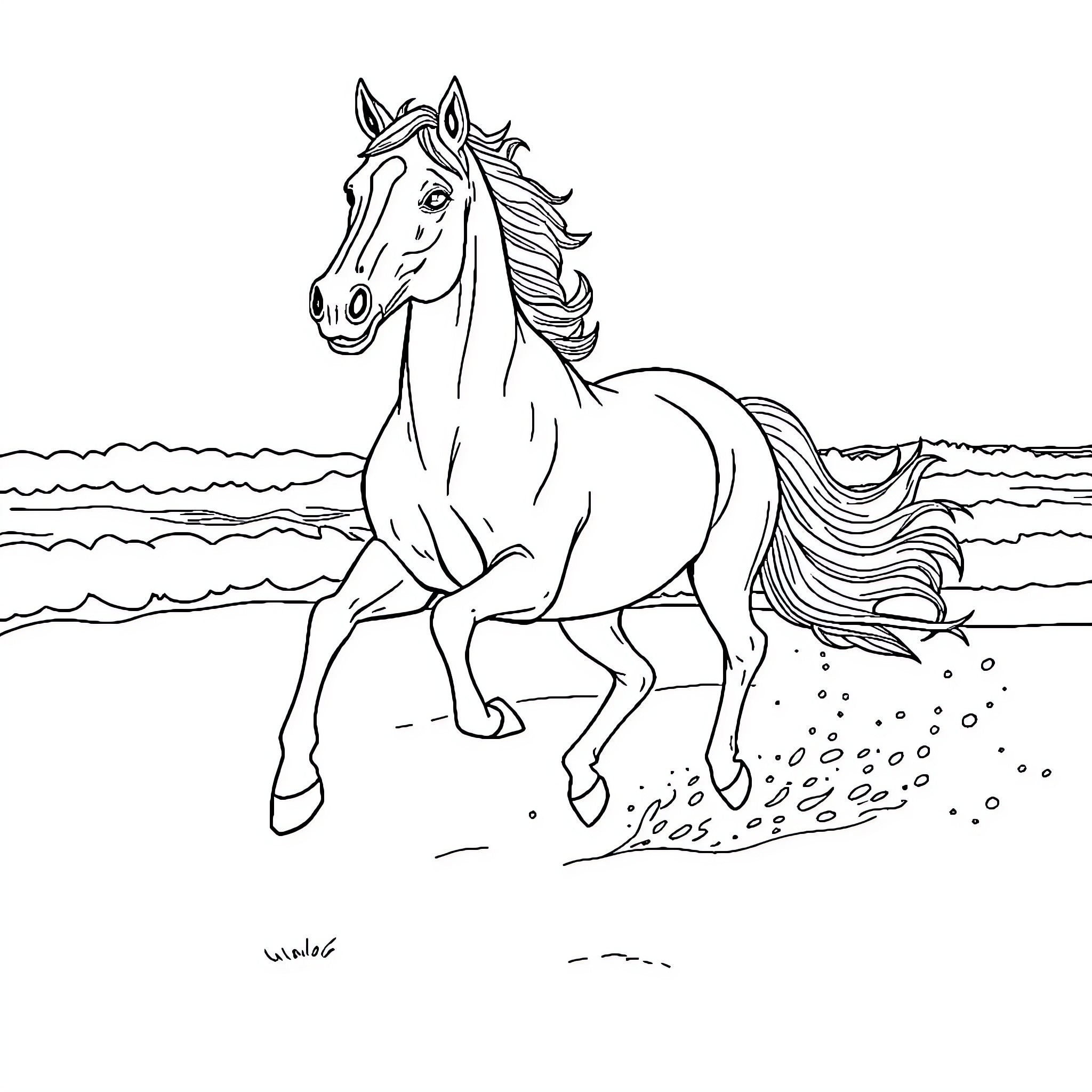 Horse running freely on the beach Coloring Page (free black-and-white line drawing printable PDF for all, from beginners to advanced learners, including children, teens, adults, and seniors)