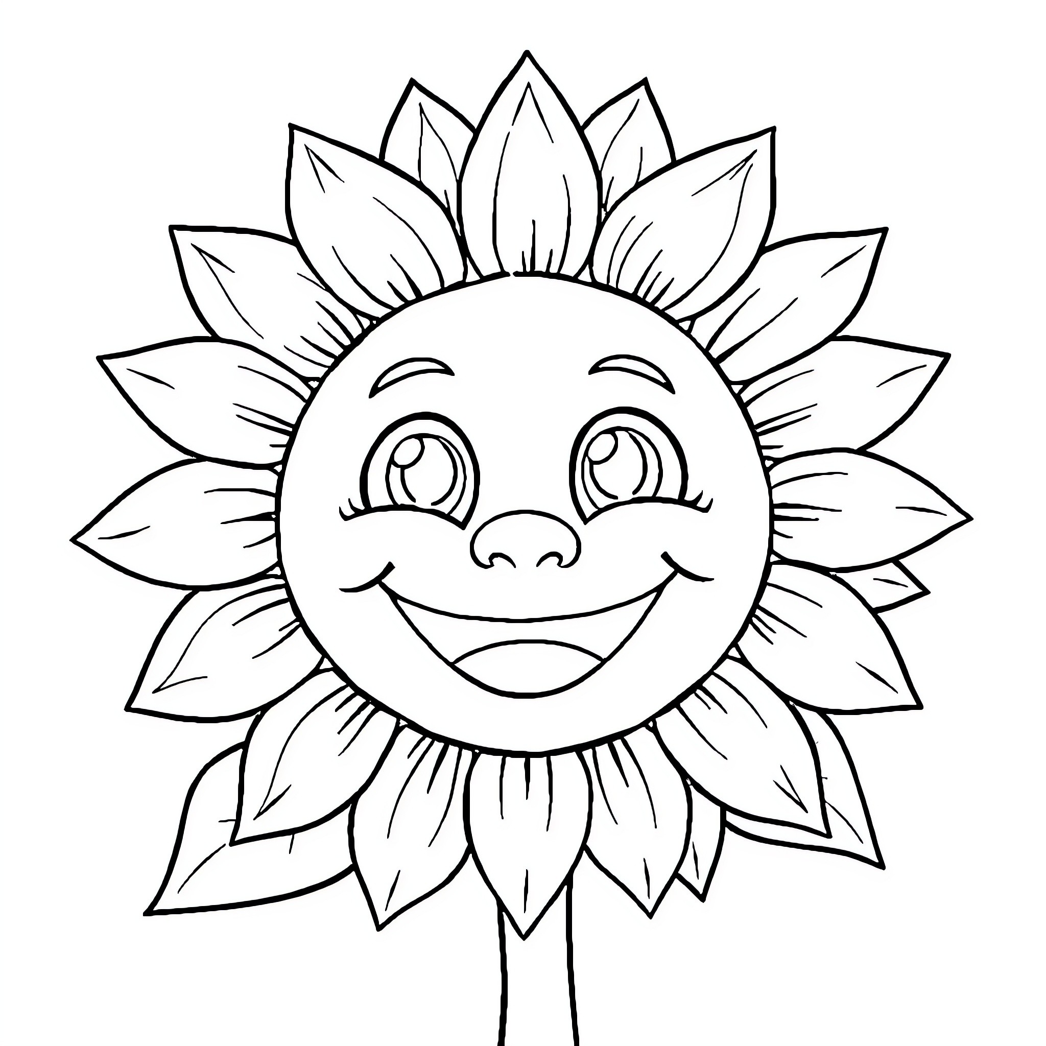 Sunflower with a smiling expression Coloring Page (free black-and-white line drawing printable PDF for all, from beginners to advanced learners, including children, teens, adults, and seniors)