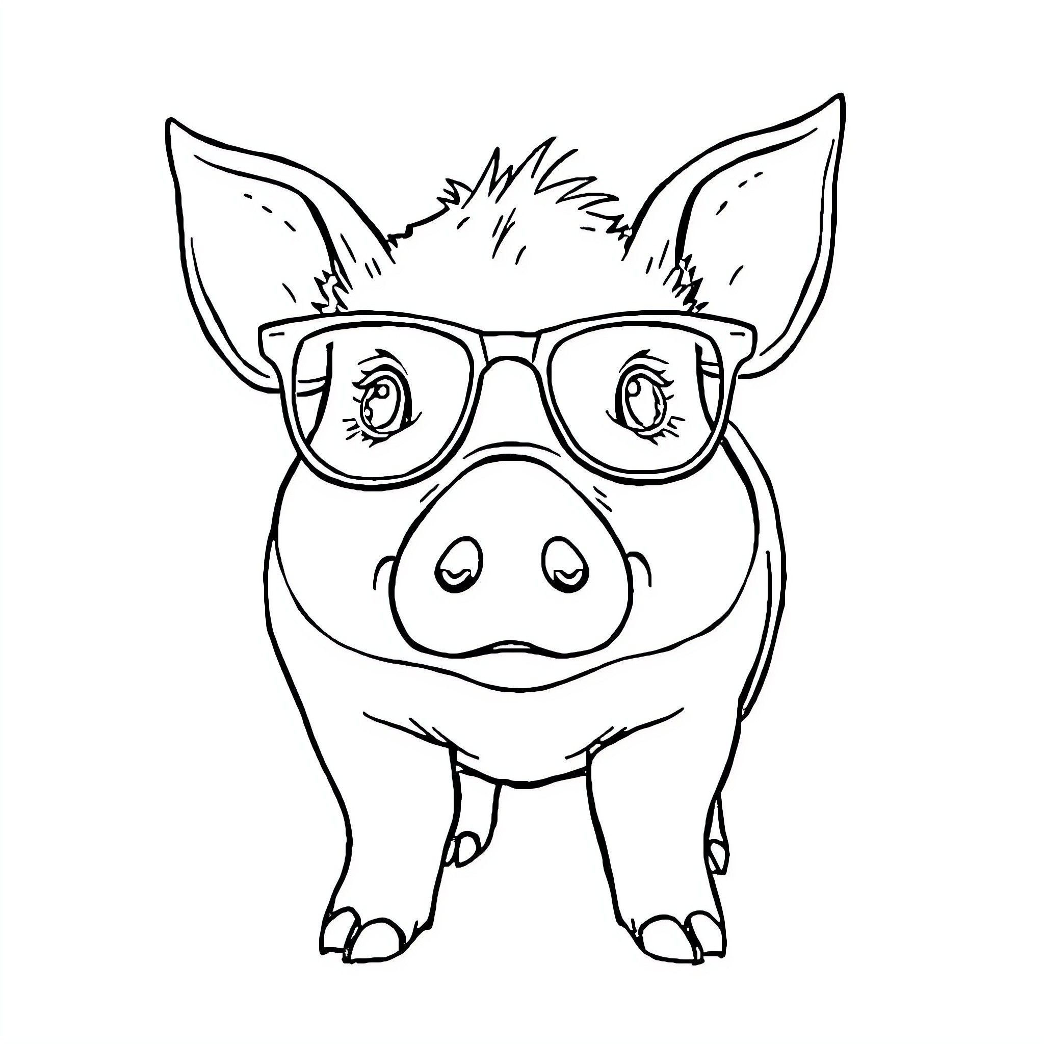 Pig wearing glasses with a happy expression Coloring Page (free black-and-white line drawing printable PDF for all, from beginners to advanced learners, including children, teens, adults, and seniors)