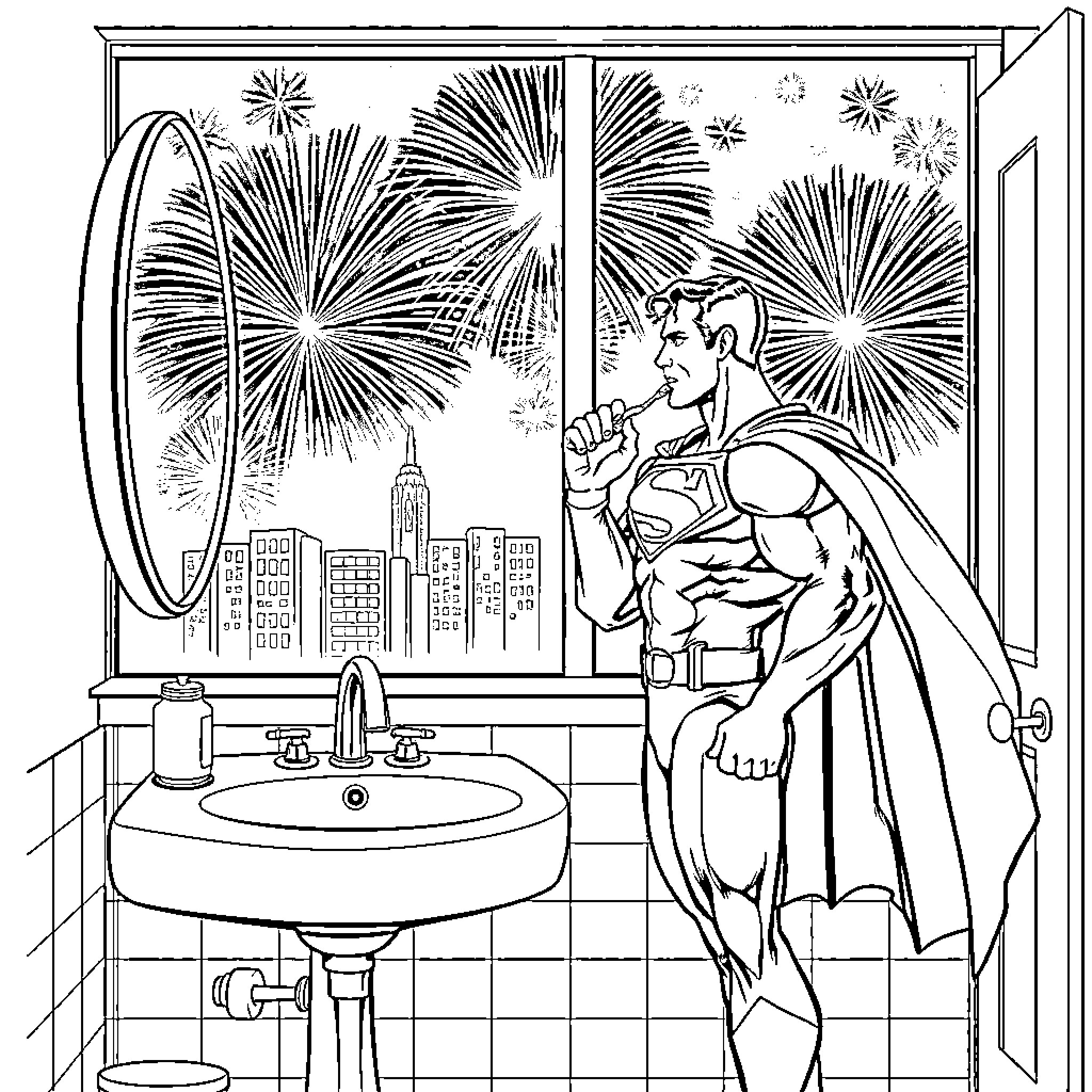 Superman watching fireworks in the city Coloring Page (free black-and-white line drawing printable PDF for all, from beginners to advanced learners, including children, teens, adults, and seniors)