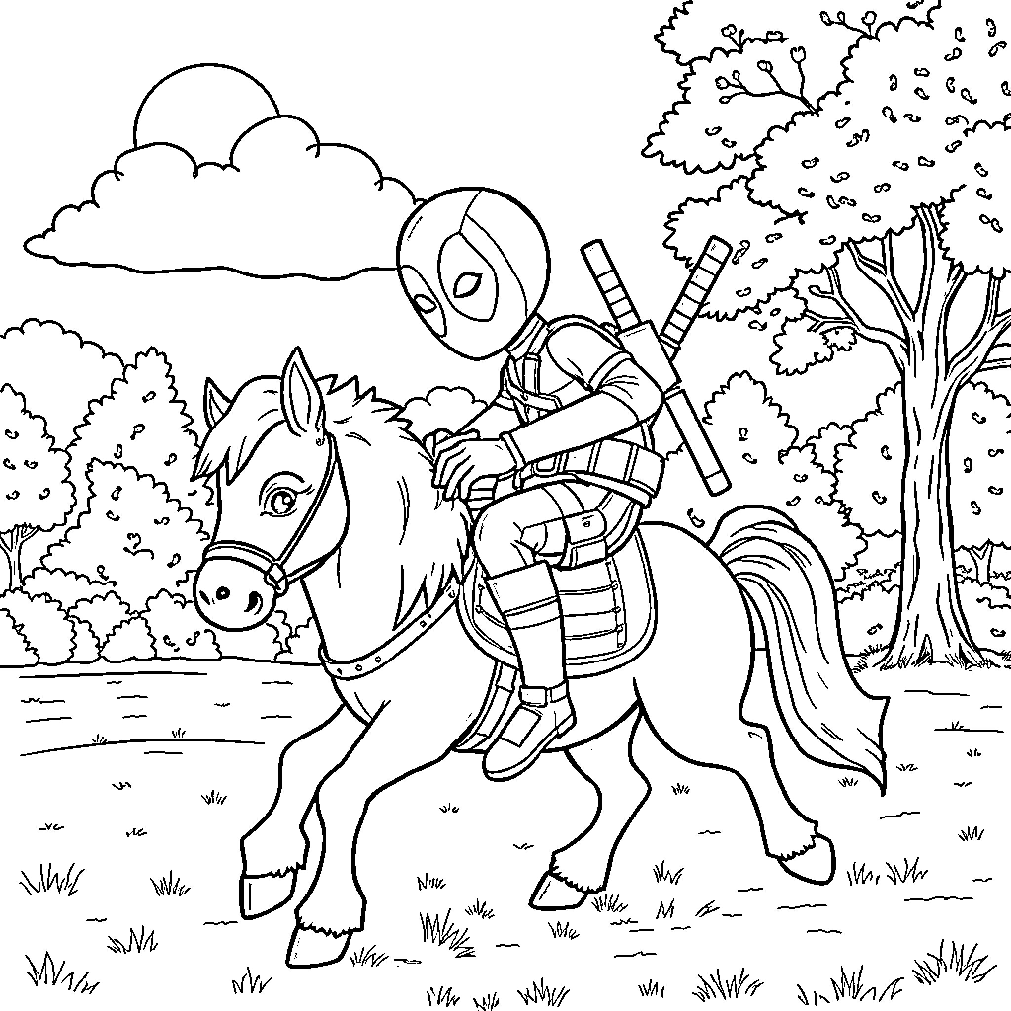 Deadpool riding a horse through the forest Coloring Page (free black-and-white line drawing printable PDF for all, from beginners to advanced learners, including children, teens, adults, and seniors)