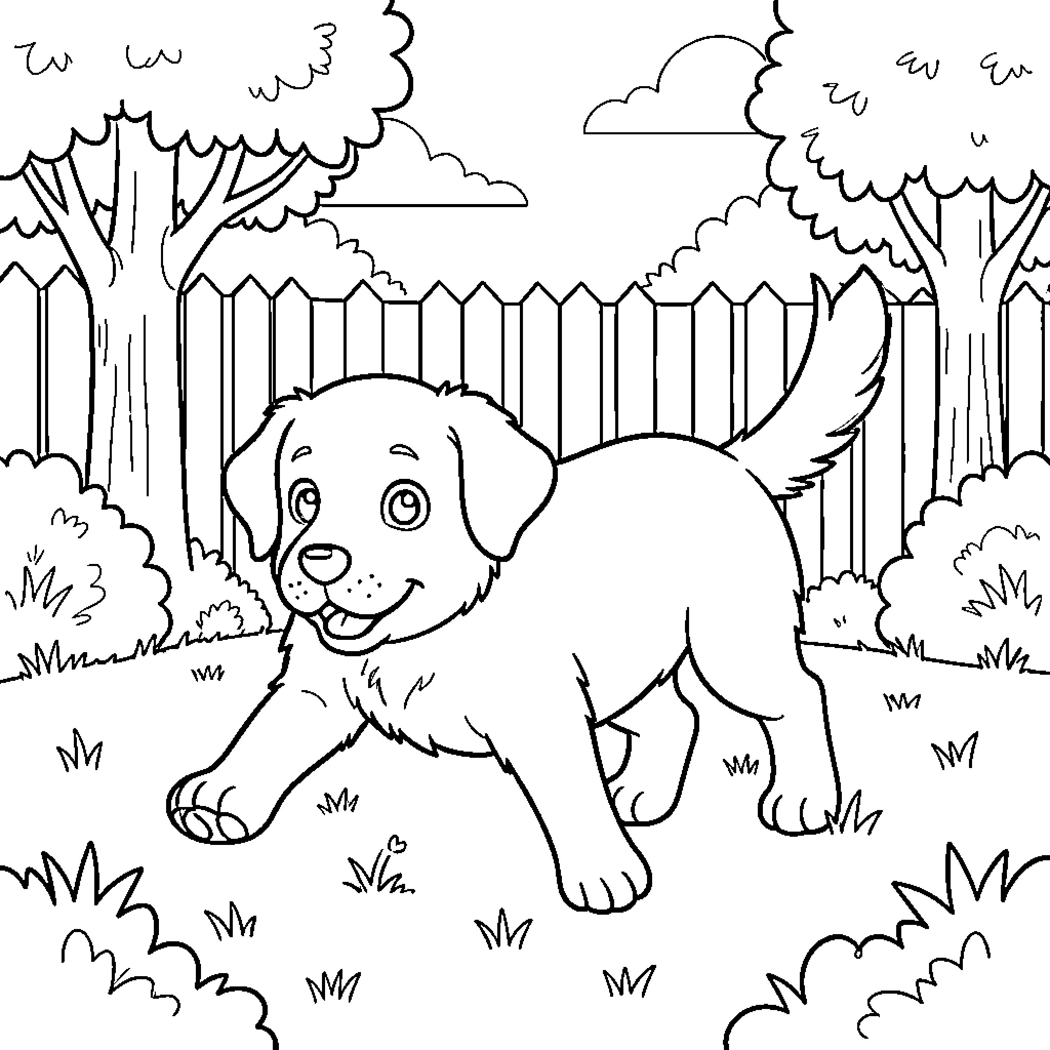 Puppy running joyfully through a grassy backyard Coloring Page (free black-and-white line drawing printable PDF for all, from beginners to advanced learners, including children, teens, adults, and seniors)