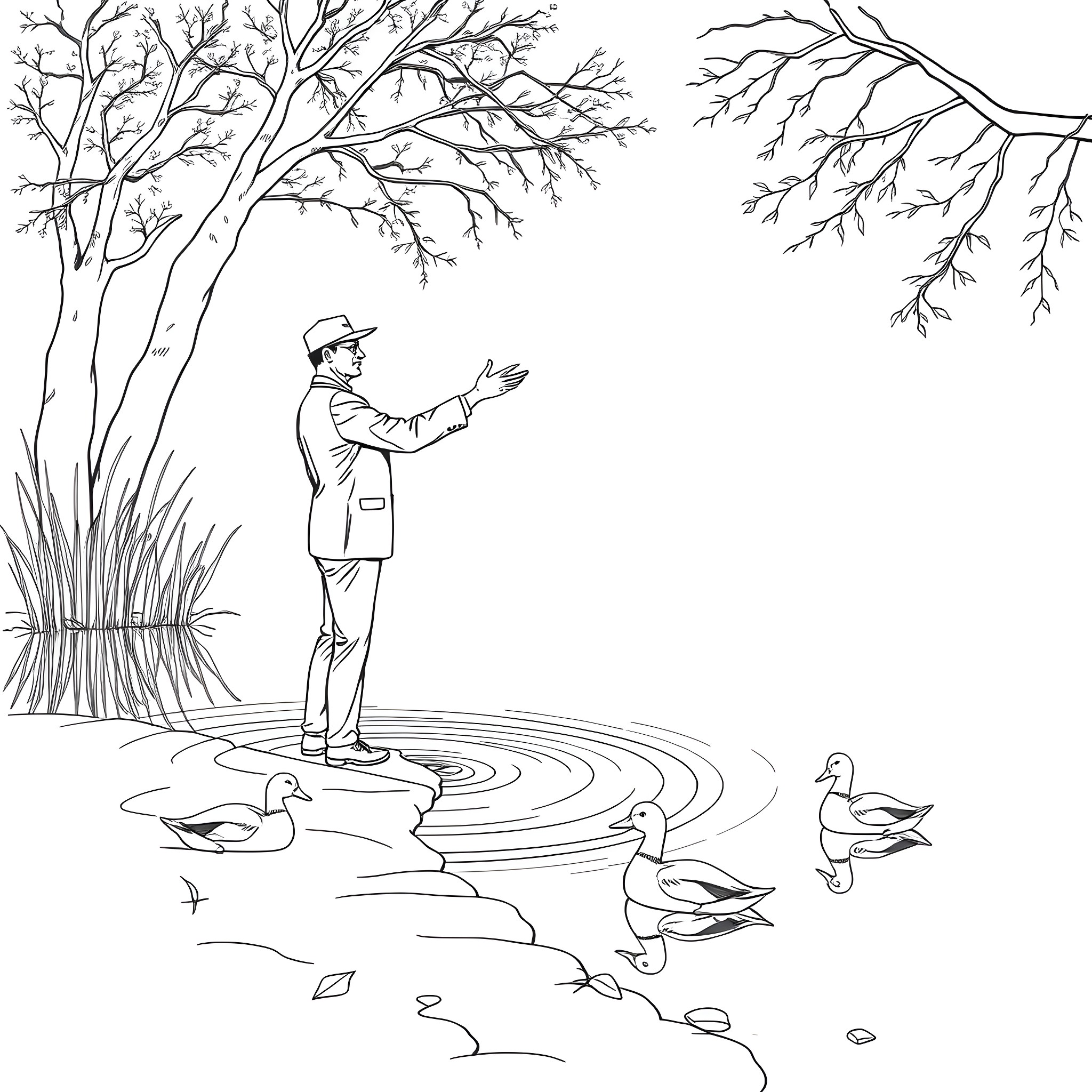 Man observing nature near pond with ducks Coloring Page (free black-and-white line drawing printable PDF for all, from beginners to advanced learners, including children, teens, adults, and seniors)