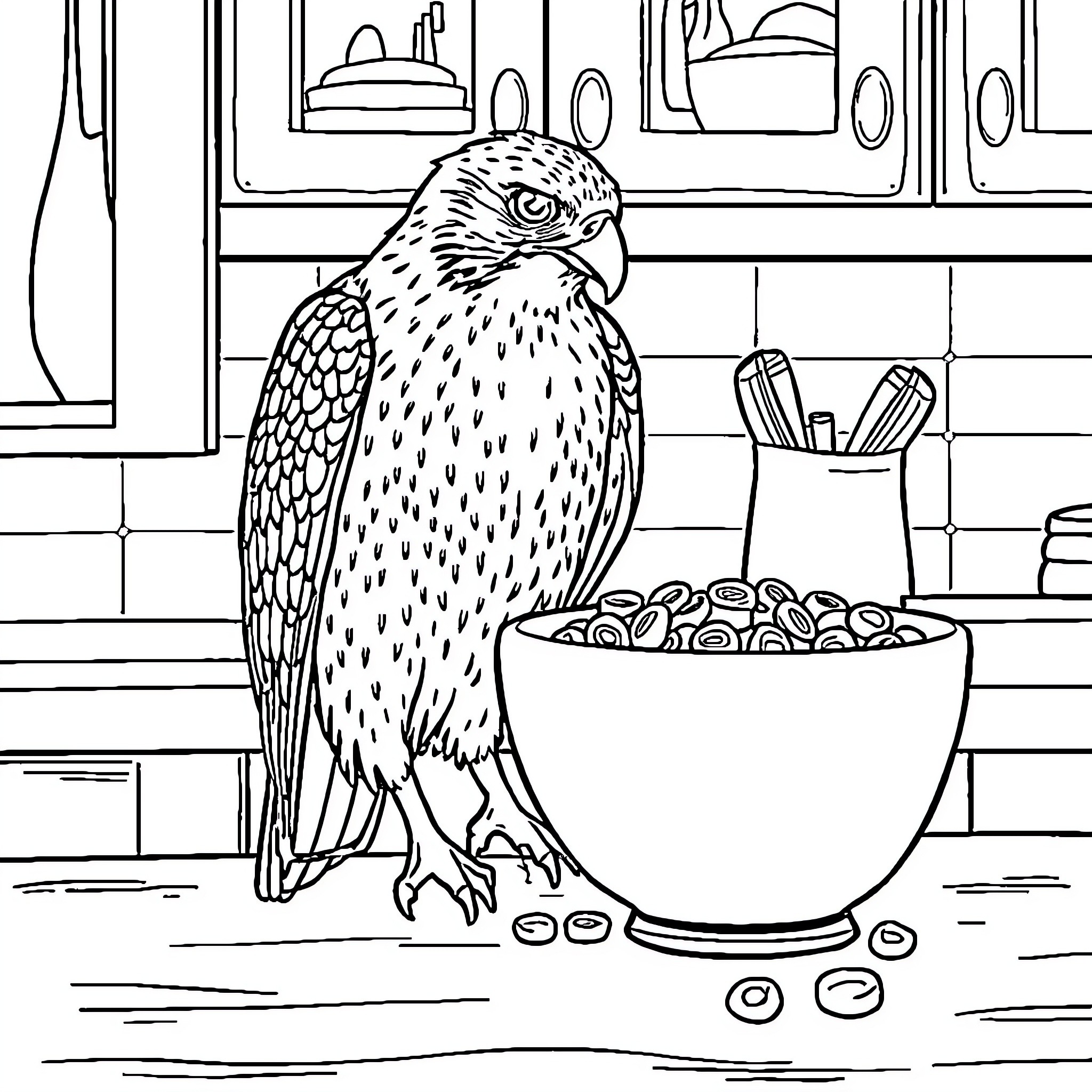 Falcon Enjoying Snacks in Domestic Setting Coloring Page (free black-and-white line drawing printable PDF for all, from beginners to advanced learners, including children, teens, adults, and seniors)
